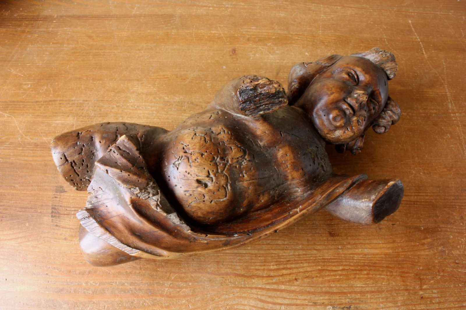 18th Century Carved Wooden Putti Figure. Large Cherub. Religious Carving. photo for sale
