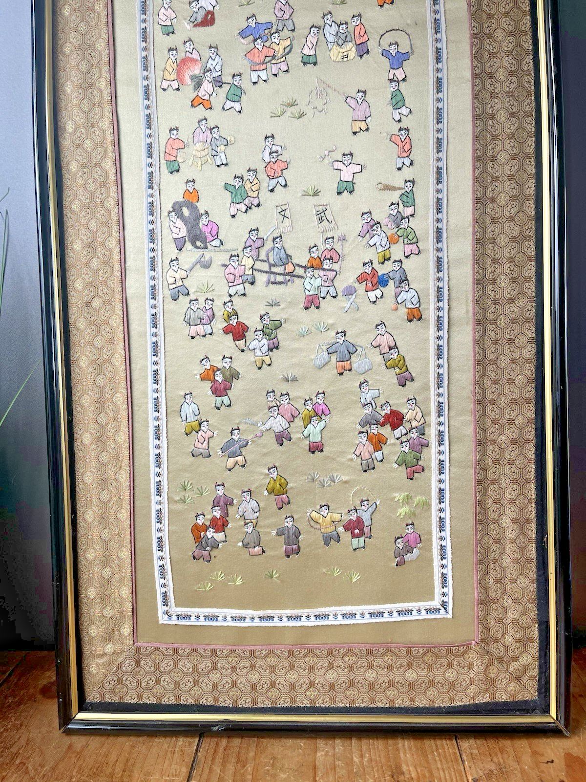 Large Oriental Chinese Silk Embroidered Panel Wall Art 100 Children Playing photo 80.0