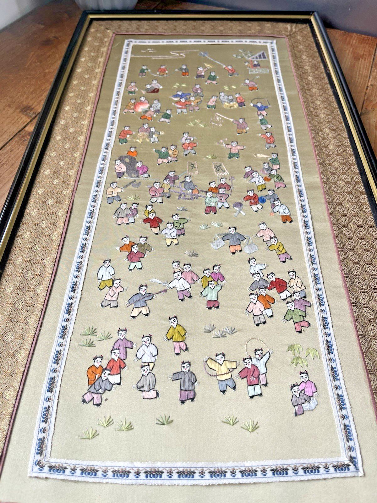 photo for sale Large Oriental Chinese Silk Embroidered Panel Wall Art 100 Children Playing