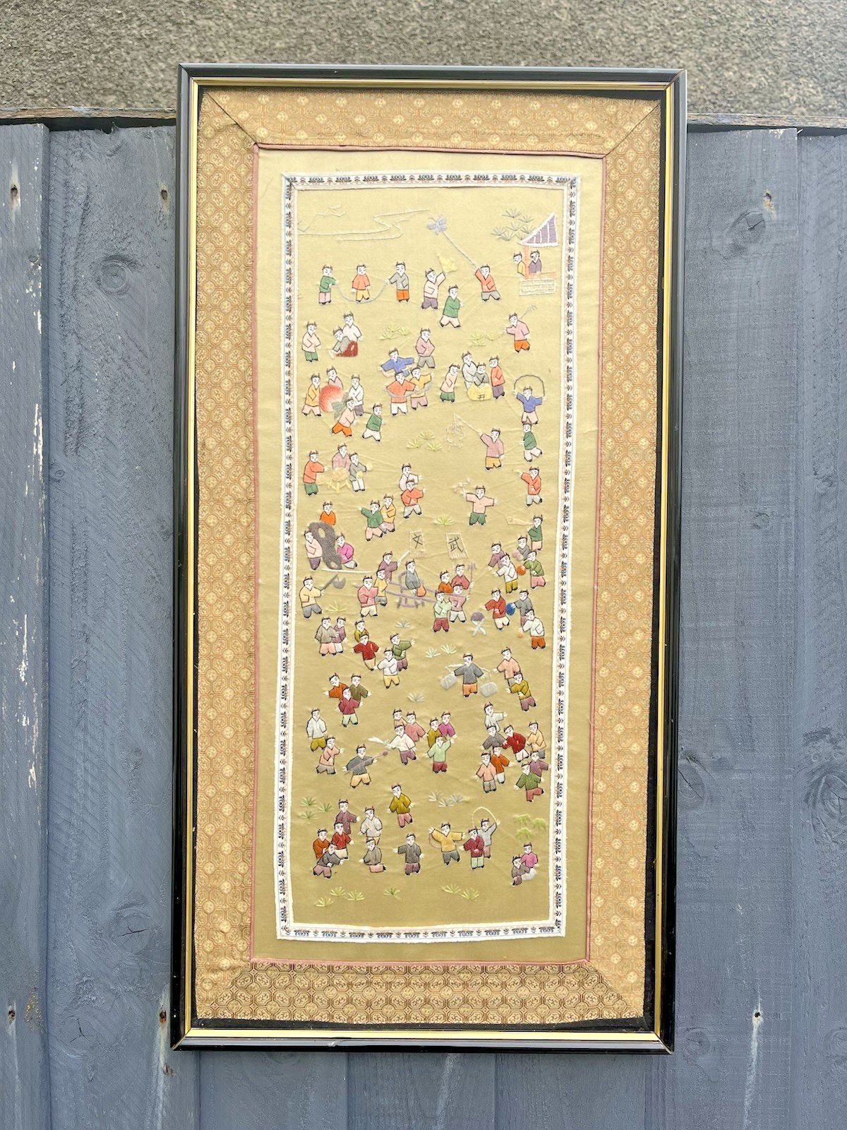 80.0 Large Oriental Chinese Silk Embroidered Panel Wall Art 100 Children Playing photo