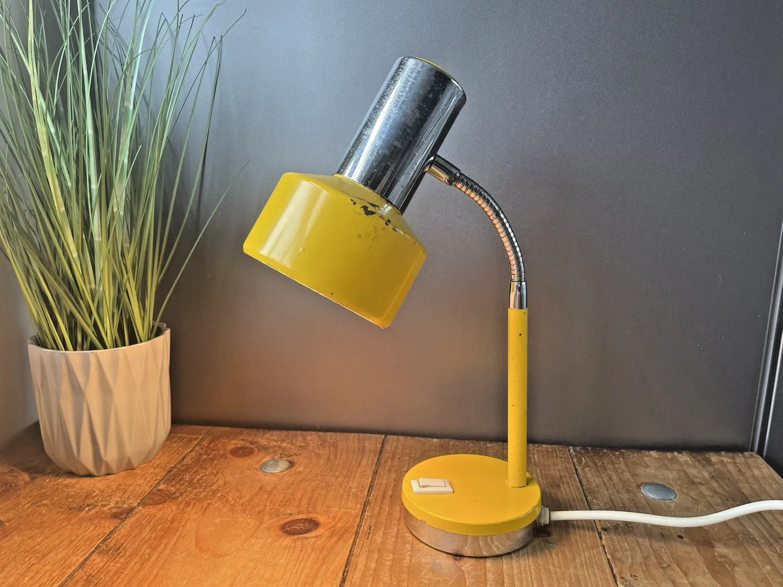 Mid Century Bright Yellow Chrome 60's 70's Gooseneck Desk Lamp Light Sis Germany