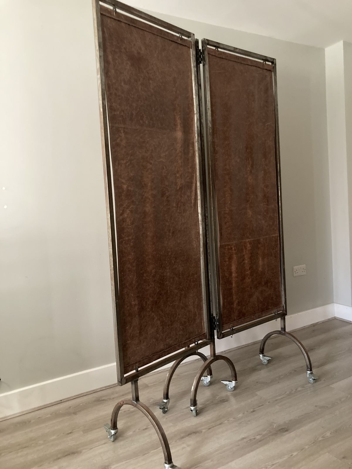 Bespoke Vintage Leather Steel Frame Folding Screen, Room Divider photo 450.0