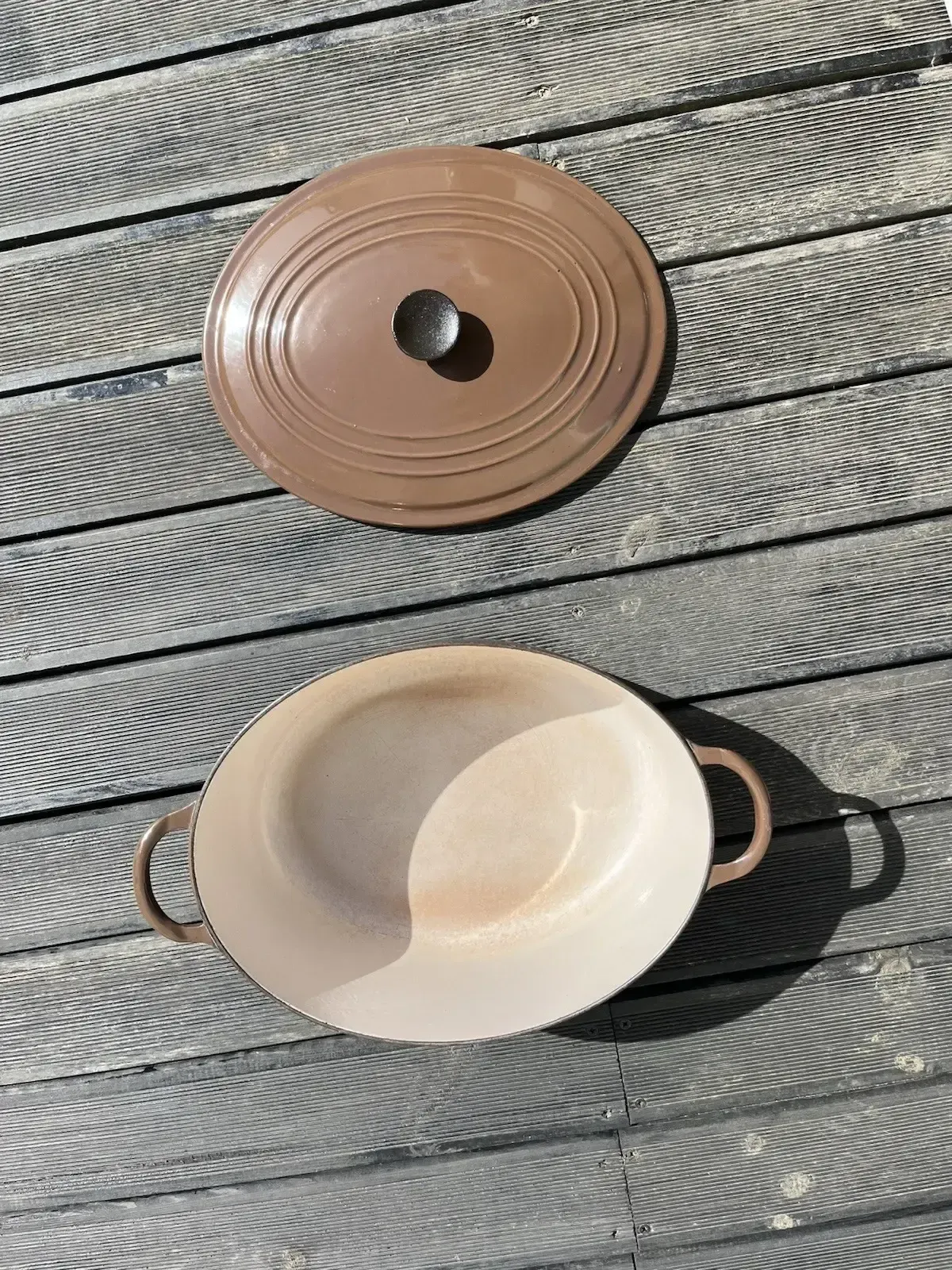 photo for sale Large Le Creuset France Brown Enamel Cast Iron Lidded Casserole Dish Size F