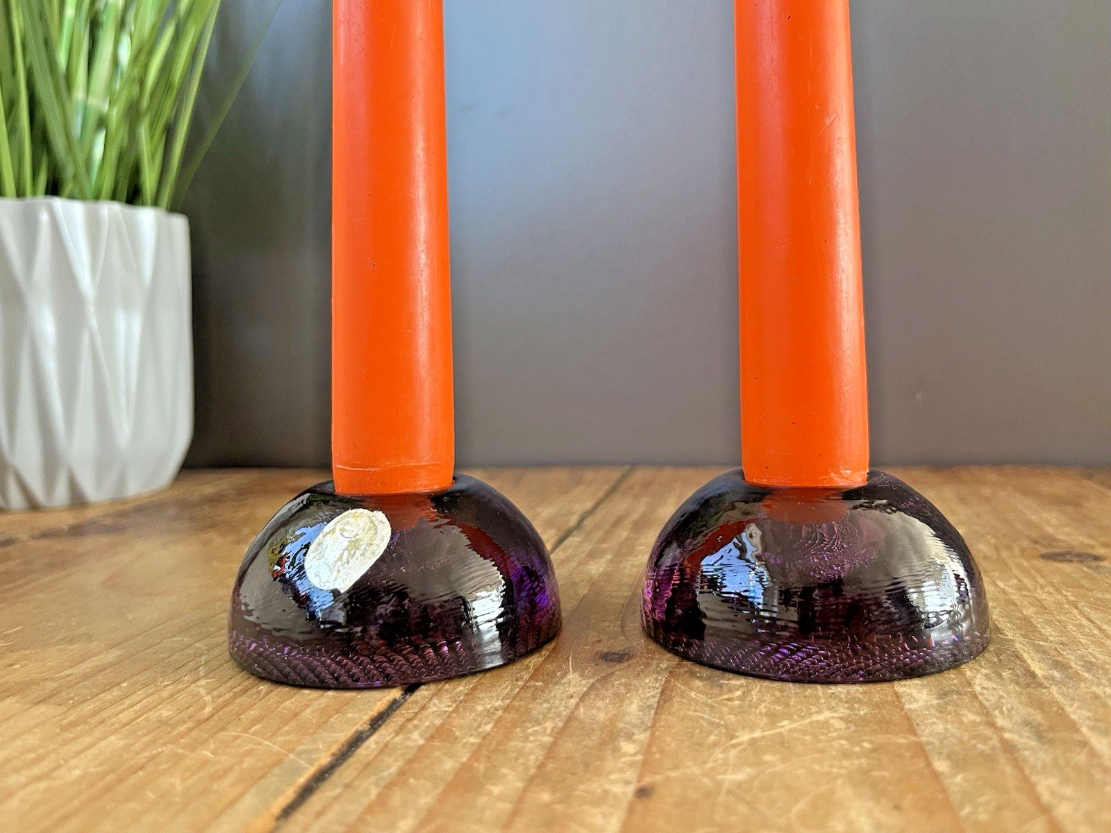 50.0 Pair Of Mid Century Modern 60's Czech Bohemia Glass Pebble Candle Holders 70's photo