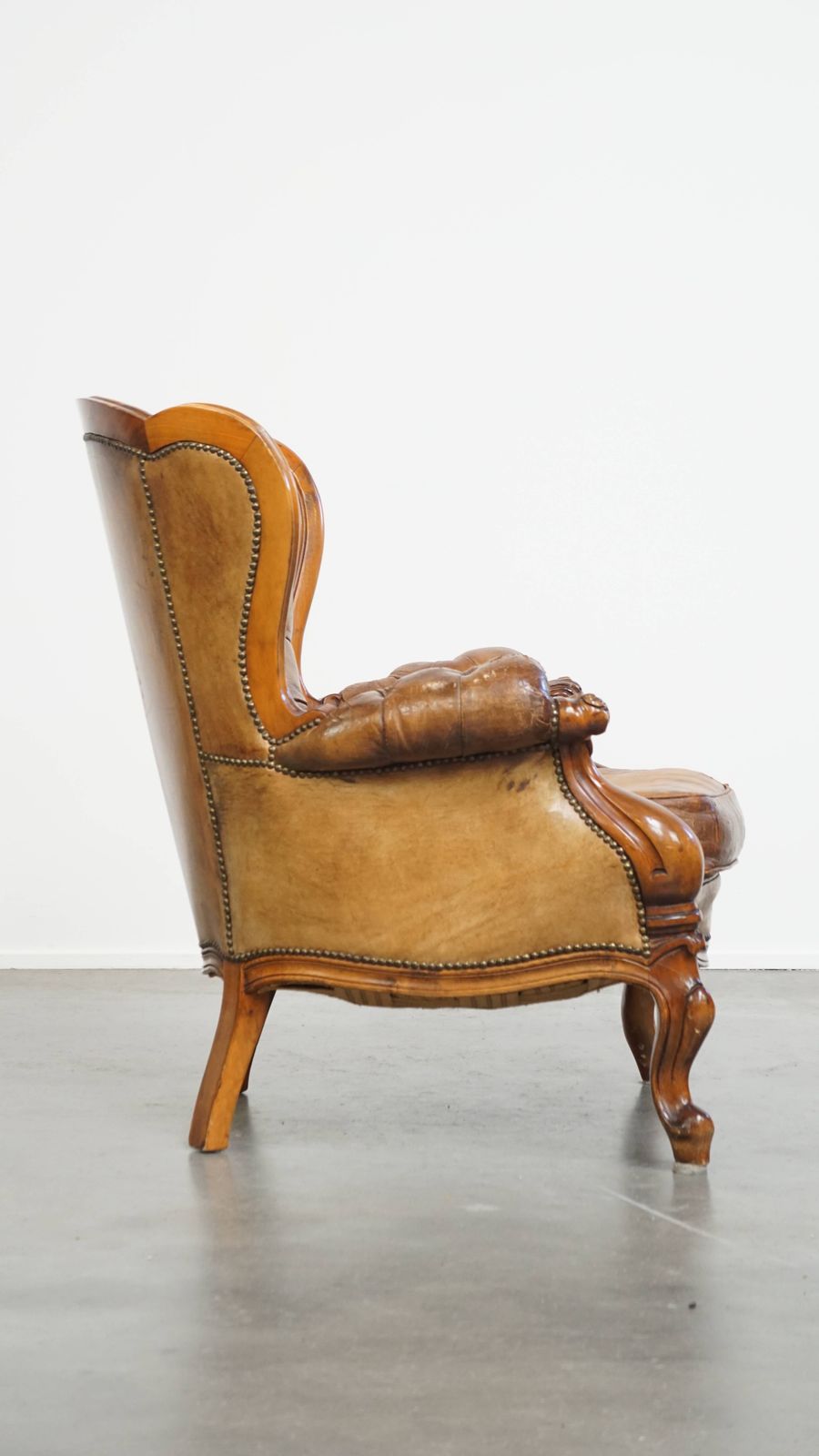 Charming Antique Baroque Sheepskin Chesterfield Armchair With A Beautiful Patina photo for sale