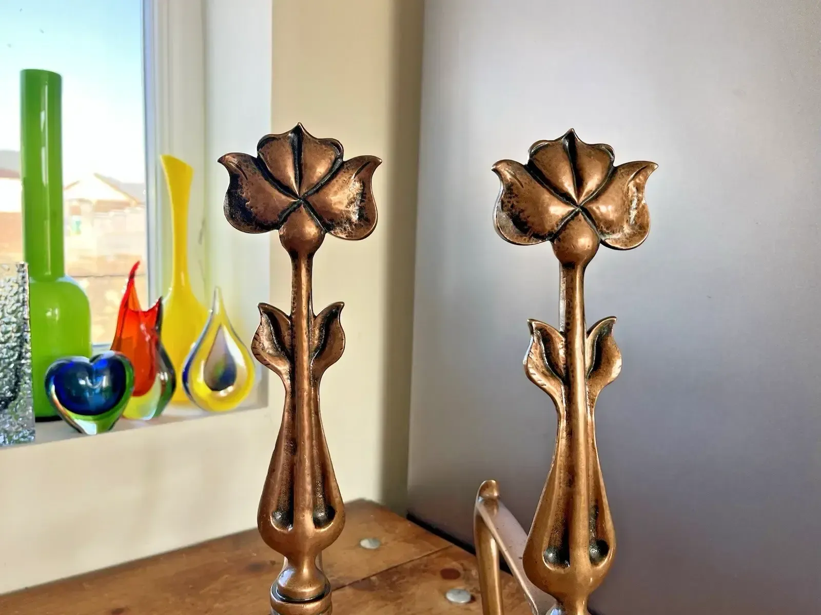 Superb Pair Of Bronze Antique Art Nouveau Secessionist Floral Fire Dogs Andirons photo furniture