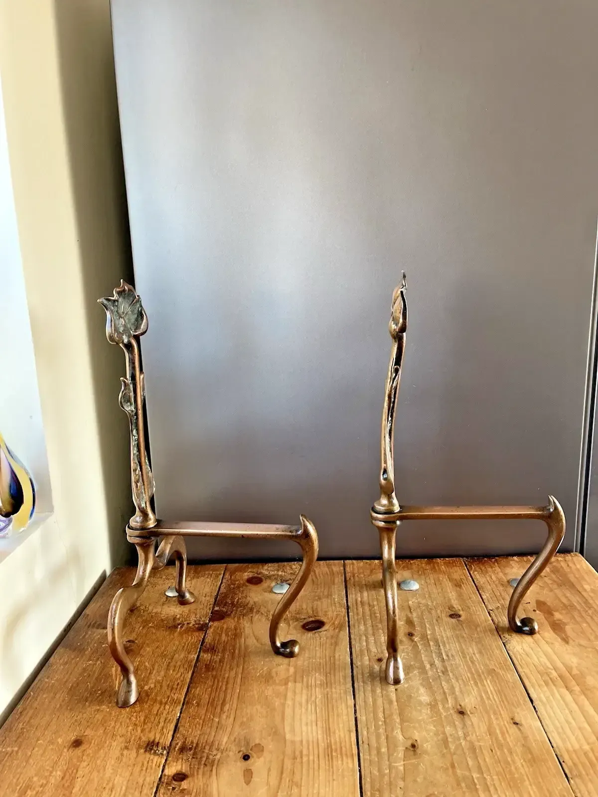 Home Fixtures Superb Pair Of Bronze Antique Art Nouveau Secessionist Floral Fire Dogs Andirons photo