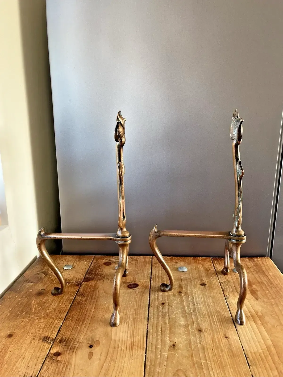 photo buy Superb Pair Of Bronze Antique Art Nouveau Secessionist Floral Fire Dogs Andirons