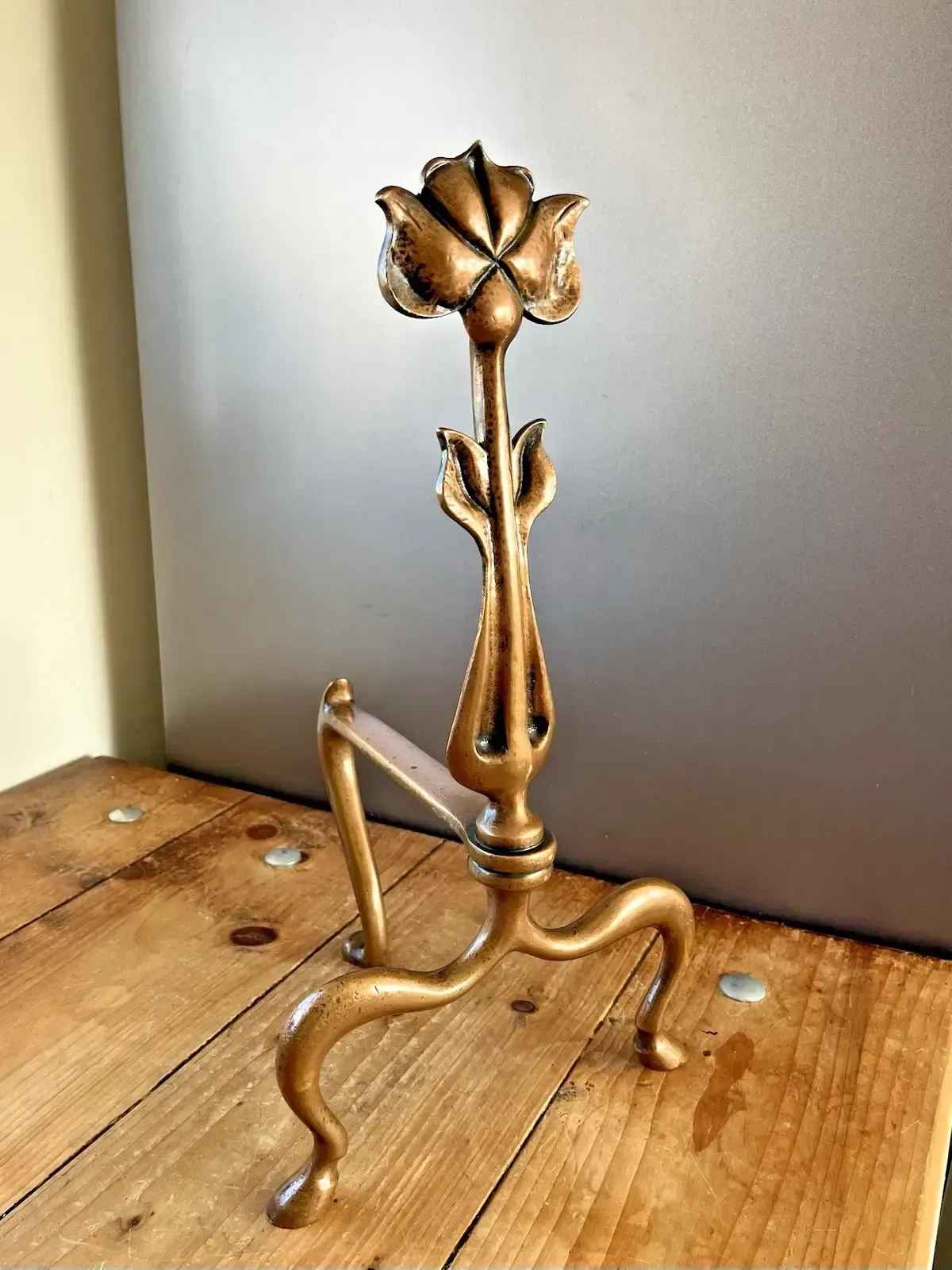 photo vintage Superb Pair Of Bronze Antique Art Nouveau Secessionist Floral Fire Dogs Andirons
