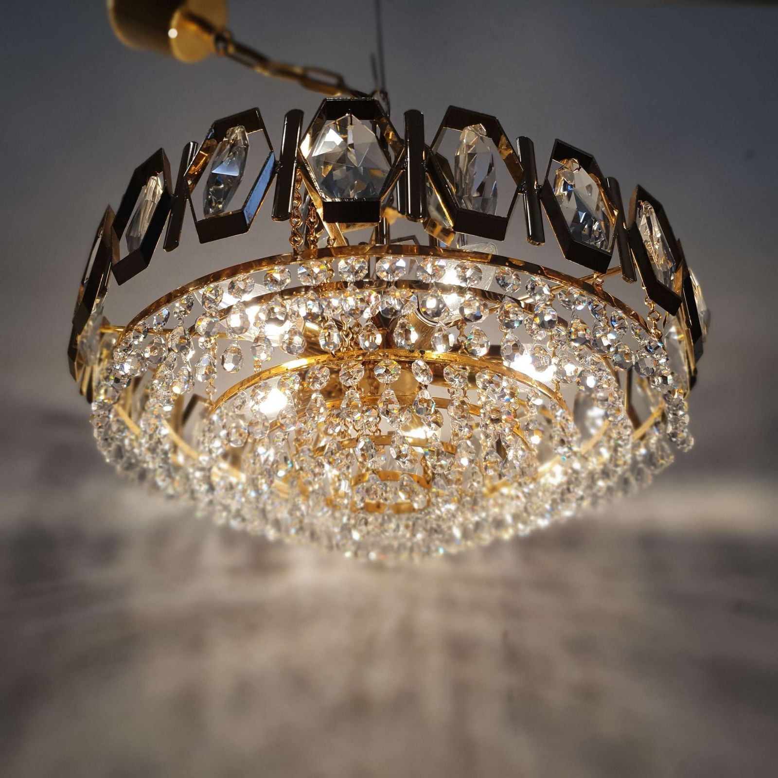 A Swedish Gilded Metal & "Fantastic" Cut Glass Chandelier. 1960s. photo furniture