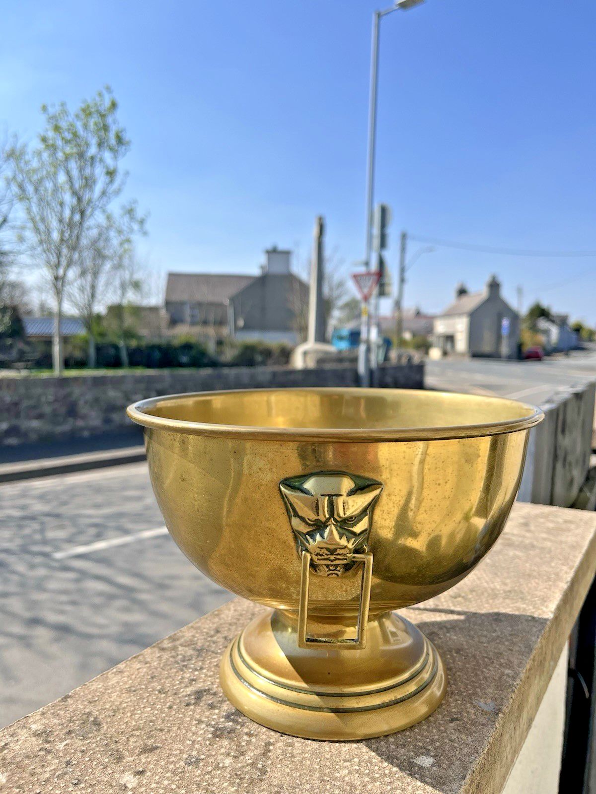 Brass Art Deco Angular Jaguar Mask Pedestal Fruit Punch Bowl Champagne Cooler photo Home Decor