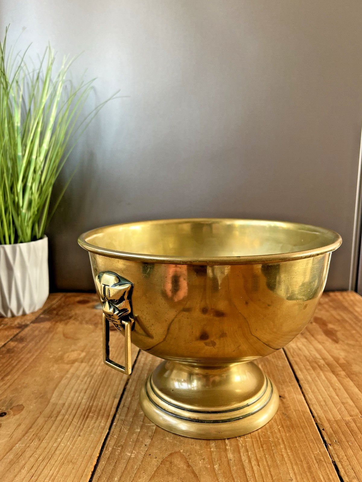 Brass Art Deco Angular Jaguar Mask Pedestal Fruit Punch Bowl Champagne Cooler photo vintage