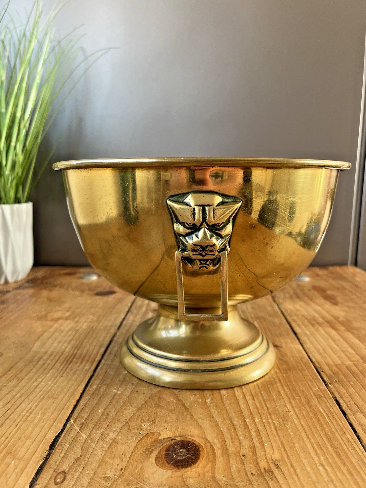 photo for sale Brass Art Deco Angular Jaguar Mask Pedestal Fruit Punch Bowl Champagne Cooler