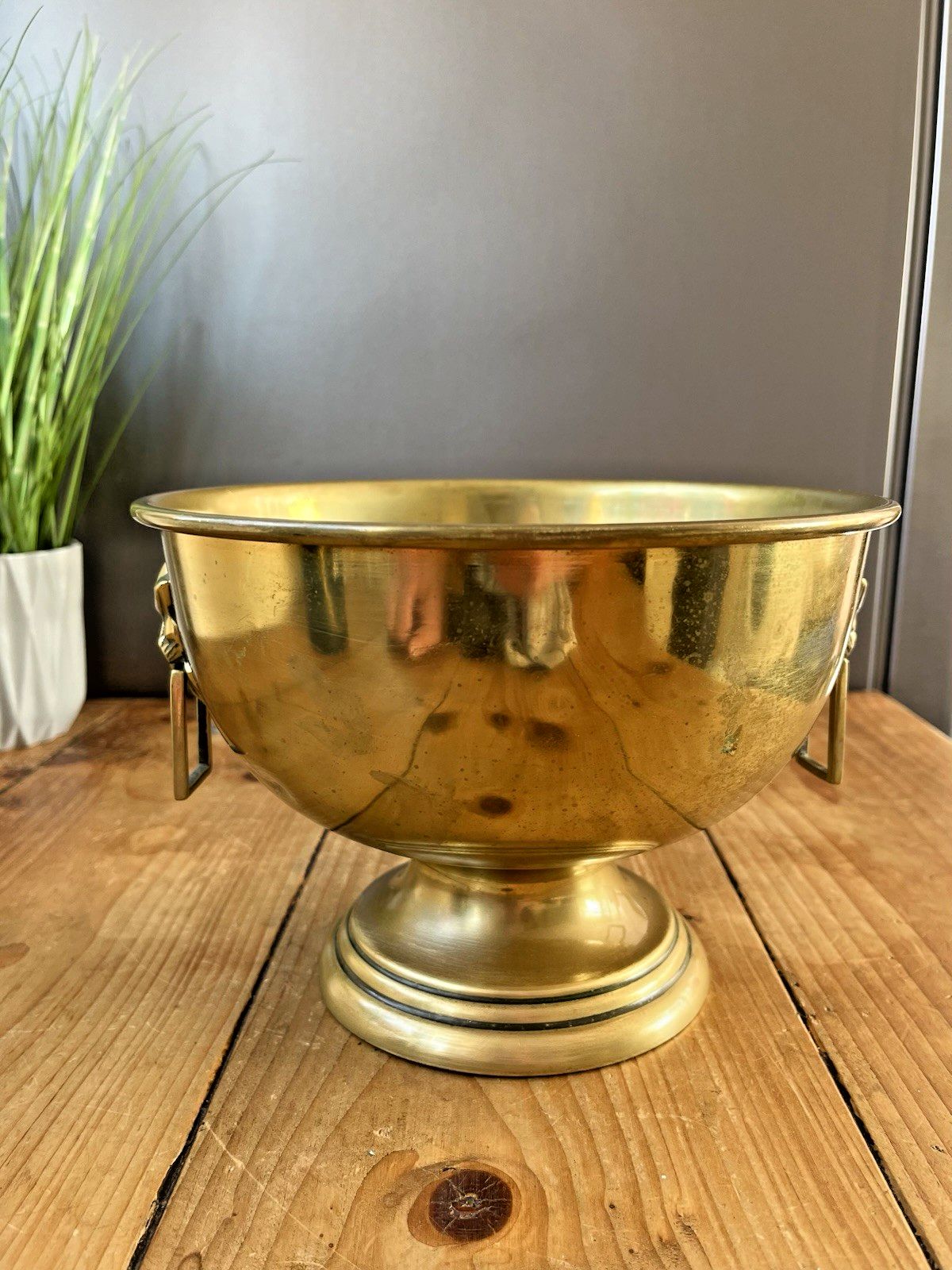 135.0 Brass Art Deco Angular Jaguar Mask Pedestal Fruit Punch Bowl Champagne Cooler photo