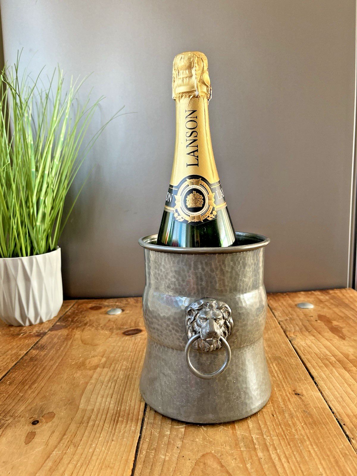 Antique W & Co Pewter Champagne Ice Bucket Planter Plant Pot Lions Head Handles