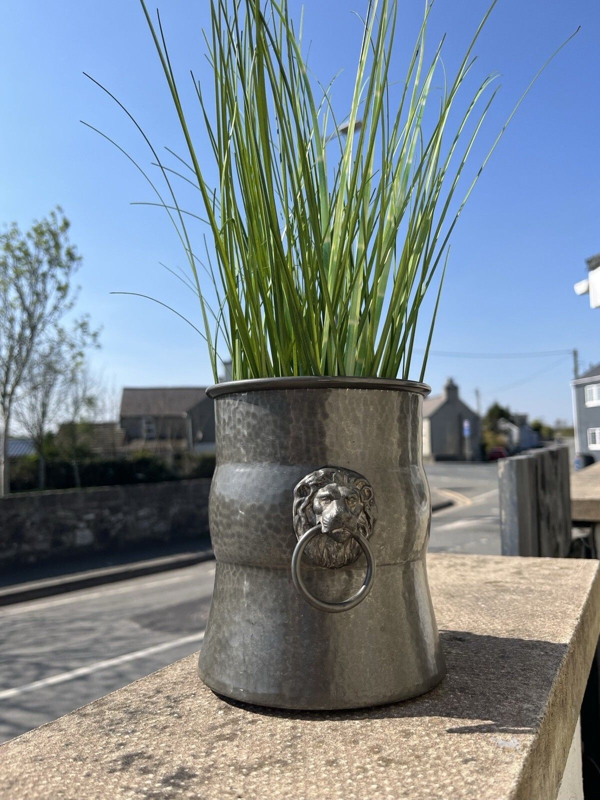 photo vinterior Antique W & Co Pewter Champagne Ice Bucket Planter Plant Pot Lions Head Handles
