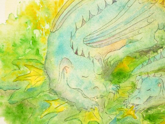 New Original Watercolour Painting Mother And Baby Dragons  22"X15" Andi J Lucas photo for sale