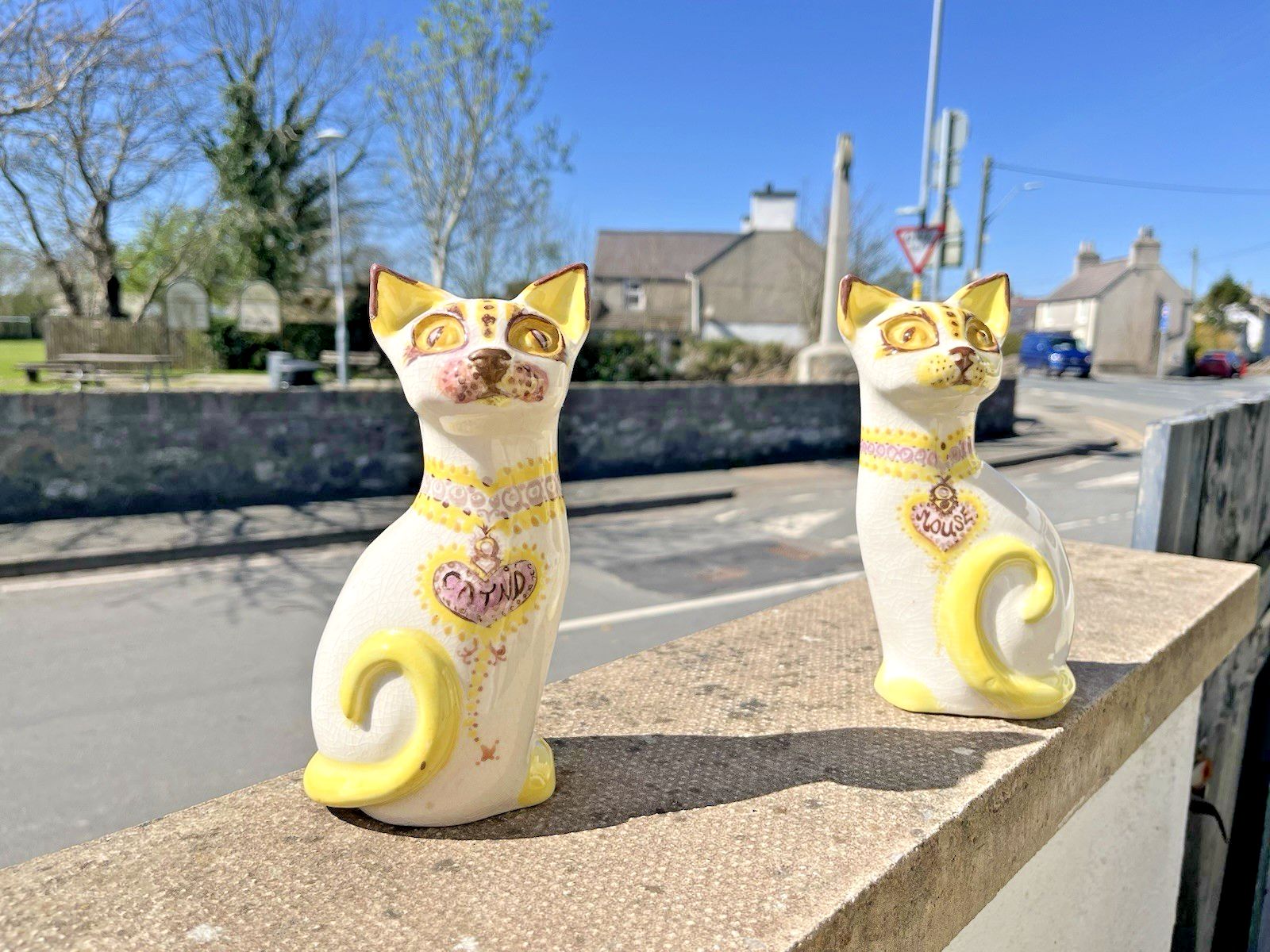 Pair Of Unusual Mid Century Pottery Mantel Cats Ornaments Portuguese ? Italian ? photo furniture