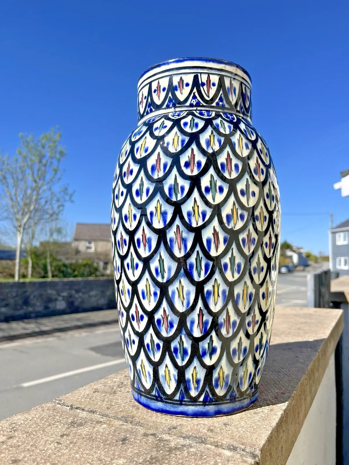 Large Mid Century Moroccan Safi Pottery Tall Vintage Geometric Faience Boho Vase photo furniture