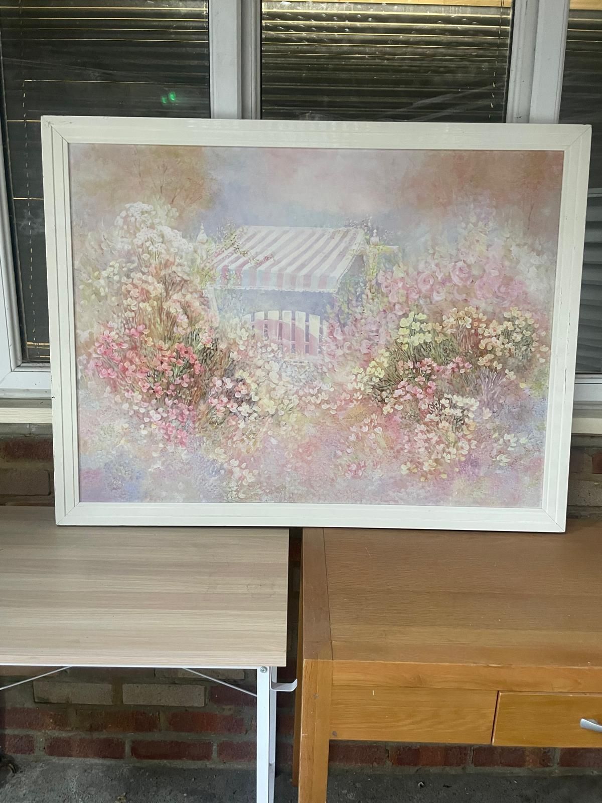 Carl Scanes 1990s Original Signed Painting Pastel Coloured Garden In Wooden Frame
