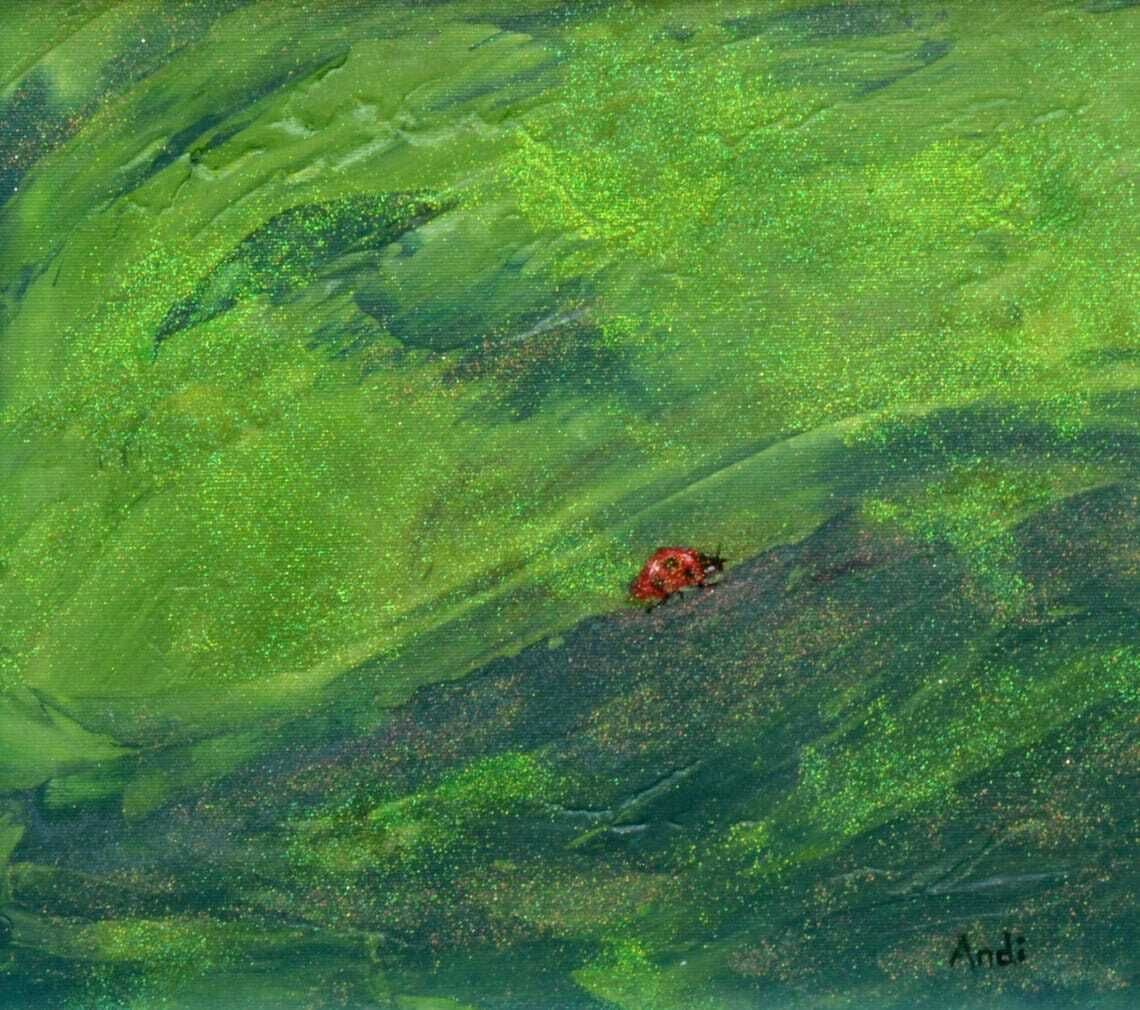 Ladybird Original Painting Ladybird Art Framed Original Art Framed Ladybird On A Leaf Painting Green Glitter Painting Andi J Lucas photo for sale