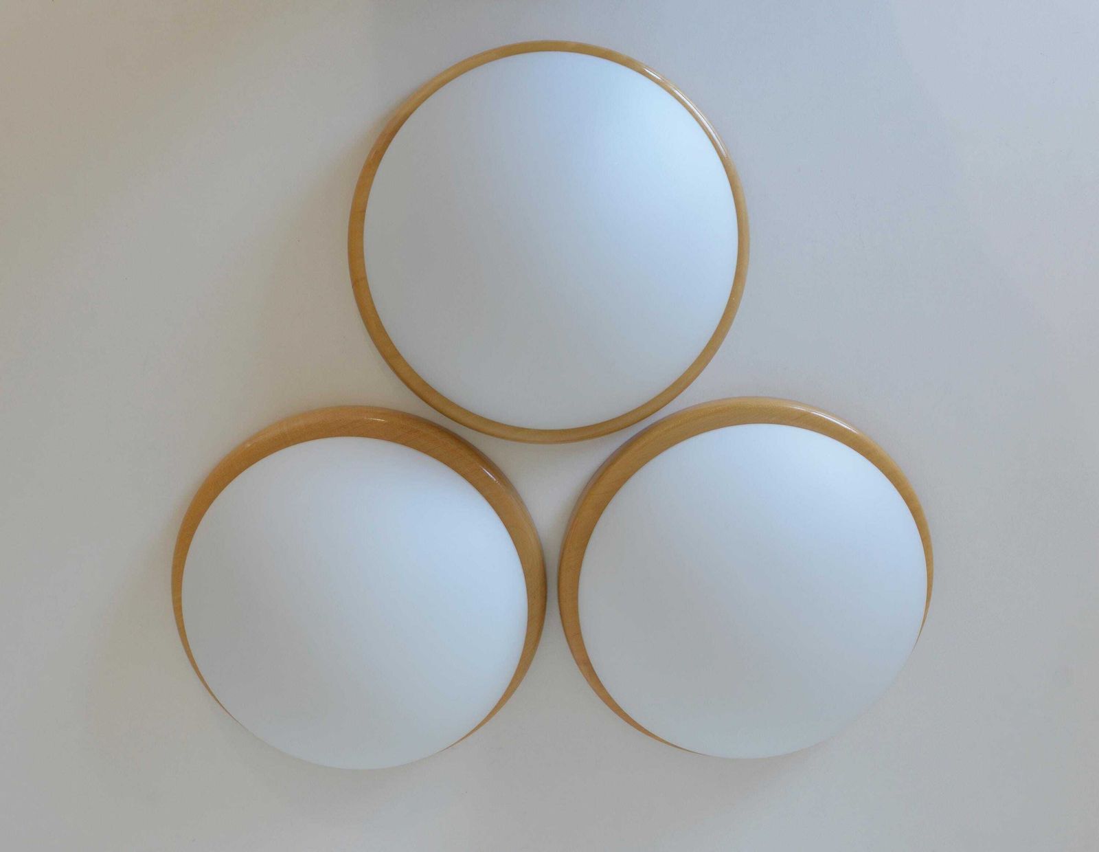 Set Of 3 Vintage Sconces / Wood And Milk Glass Wall Lamps / Round Flush Mount Ceiling Lights / Minimalist Japandi Light Fixture photo vinterior