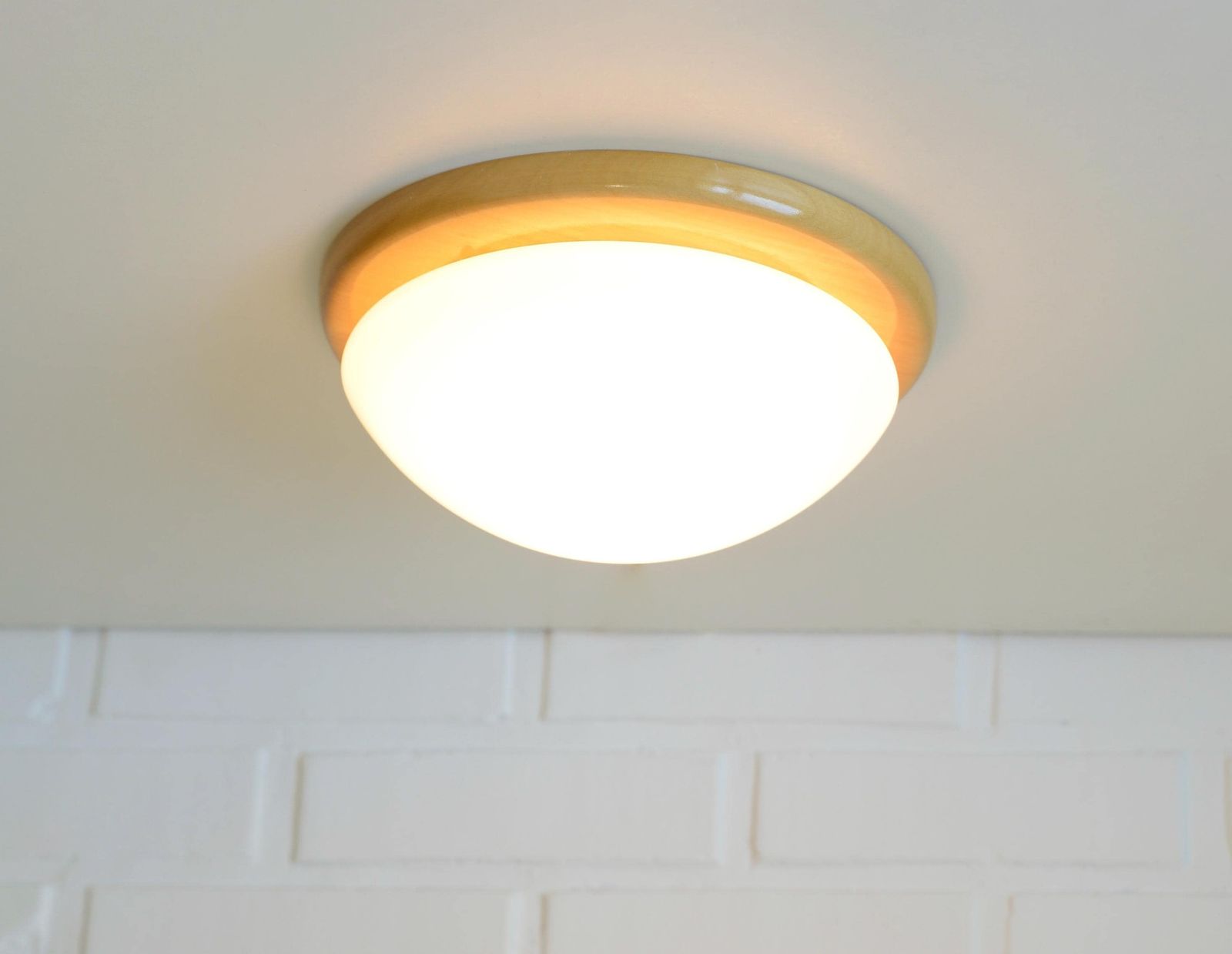 Set Of 3 Vintage Sconces / Wood And Milk Glass Wall Lamps / Round Flush Mount Ceiling Lights / Minimalist Japandi Light Fixture photo buy