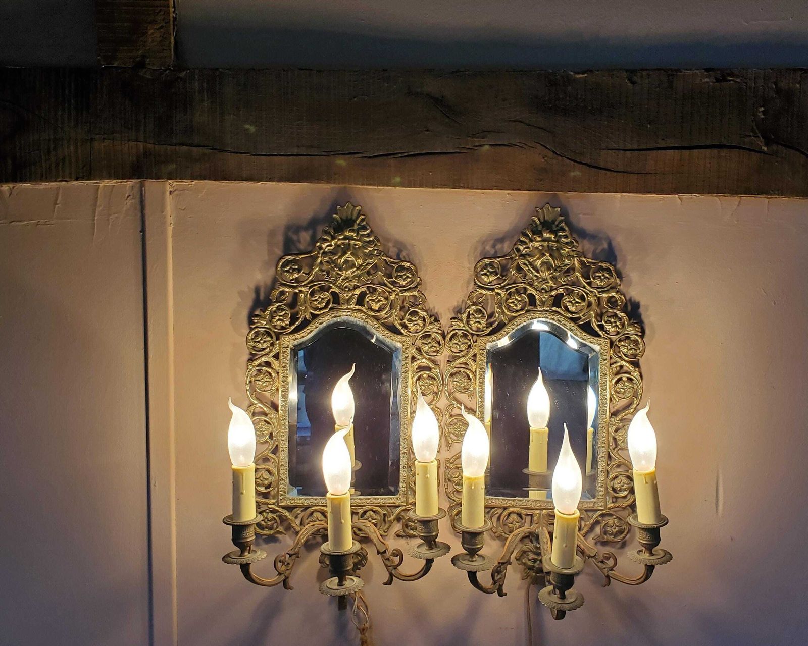 French Antique Bronze Mirror Candlestick Sconces / Pair Of Bronze Mirror Sconces / Electric Converted 6 Bulb Sconces / 19c Sconces photo Home Decor