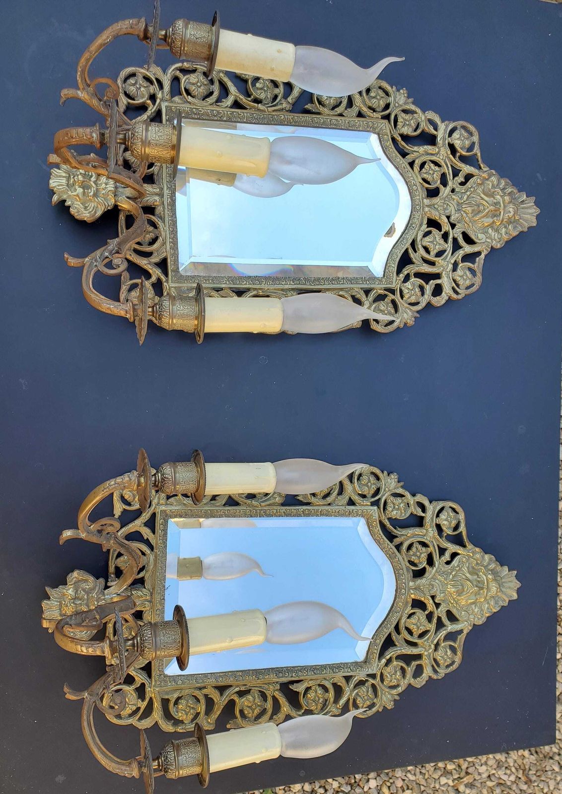 French Antique Bronze Mirror Candlestick Sconces / Pair Of Bronze Mirror Sconces / Electric Converted 6 Bulb Sconces / 19c Sconces photo 557.0
