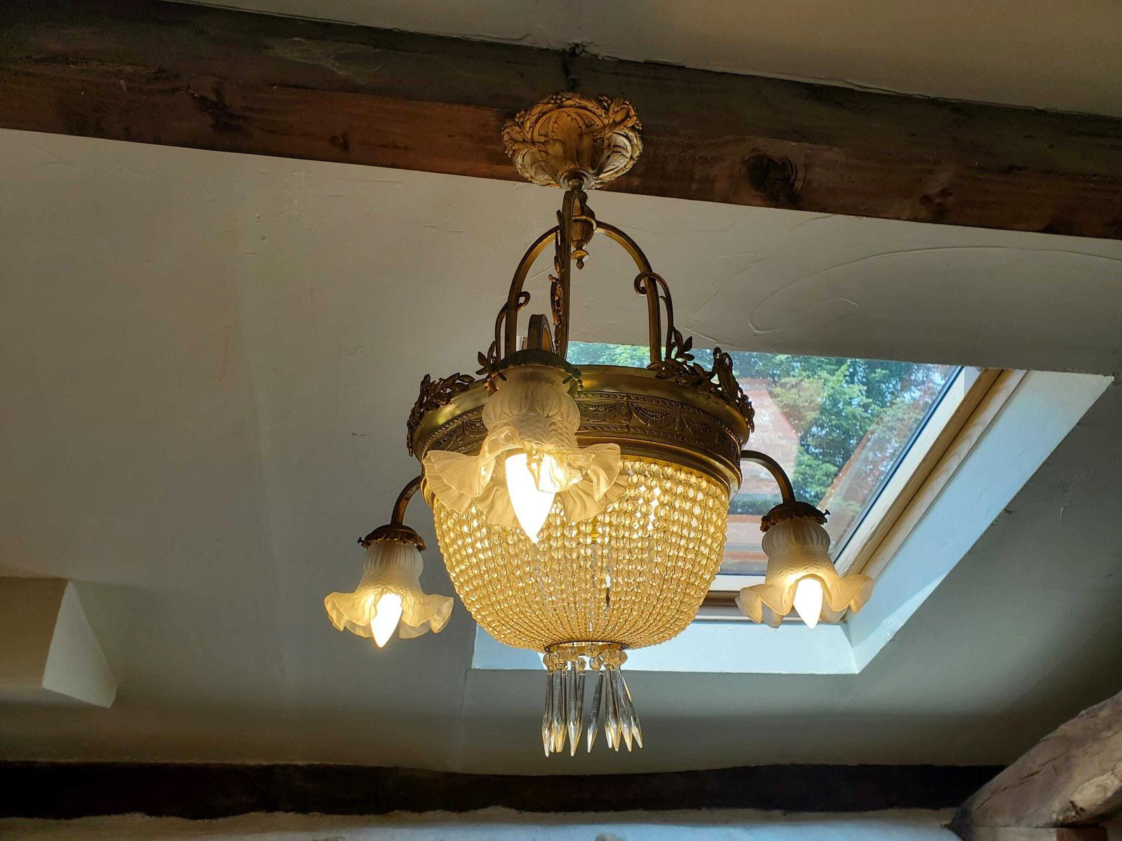 French Bag Or Basket Chandelier / Large French Chandelier / Cut Crystal Chandelier / 6 Bulb French Empire Chandelier / Bronze Chandelier photo Lighting