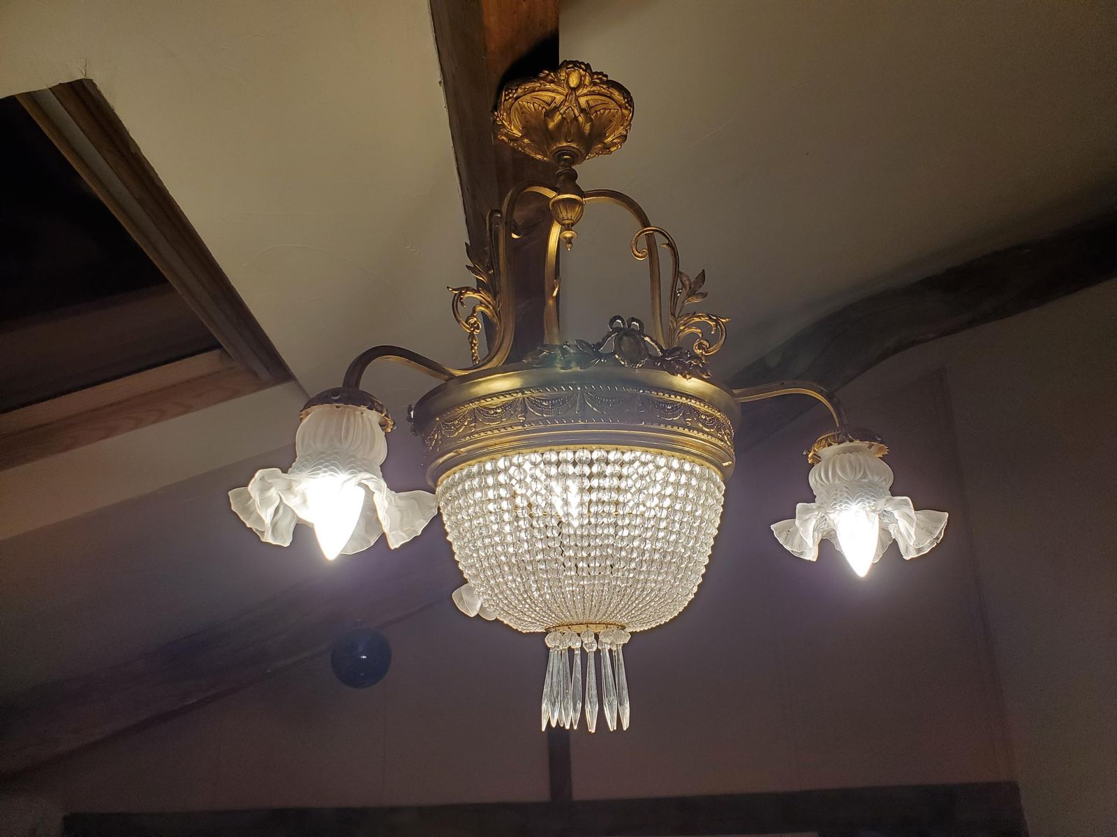 French Bag Or Basket Chandelier / Large French Chandelier / Cut Crystal Chandelier / 6 Bulb French Empire Chandelier / Bronze Chandelier photo 1470.0