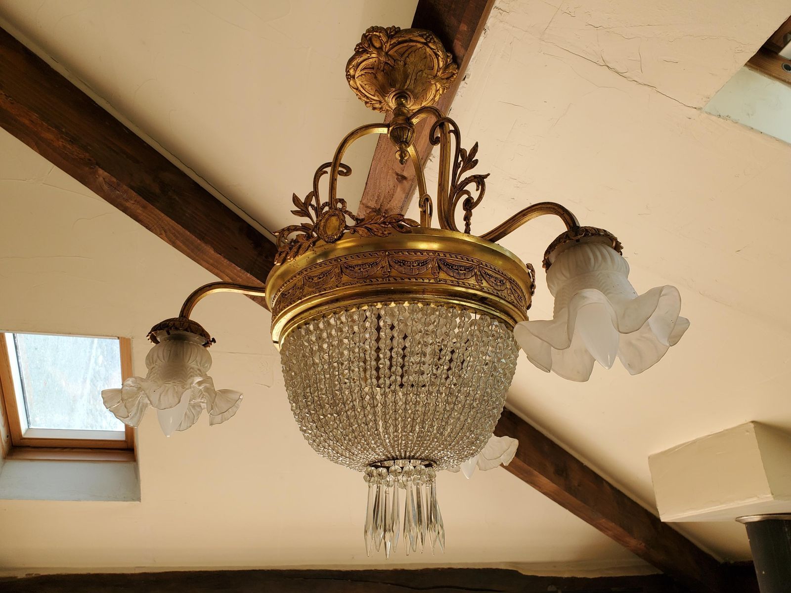 French Bag Or Basket Chandelier / Large French Chandelier / Cut Crystal Chandelier / 6 Bulb French Empire Chandelier / Bronze Chandelier photo vinterior