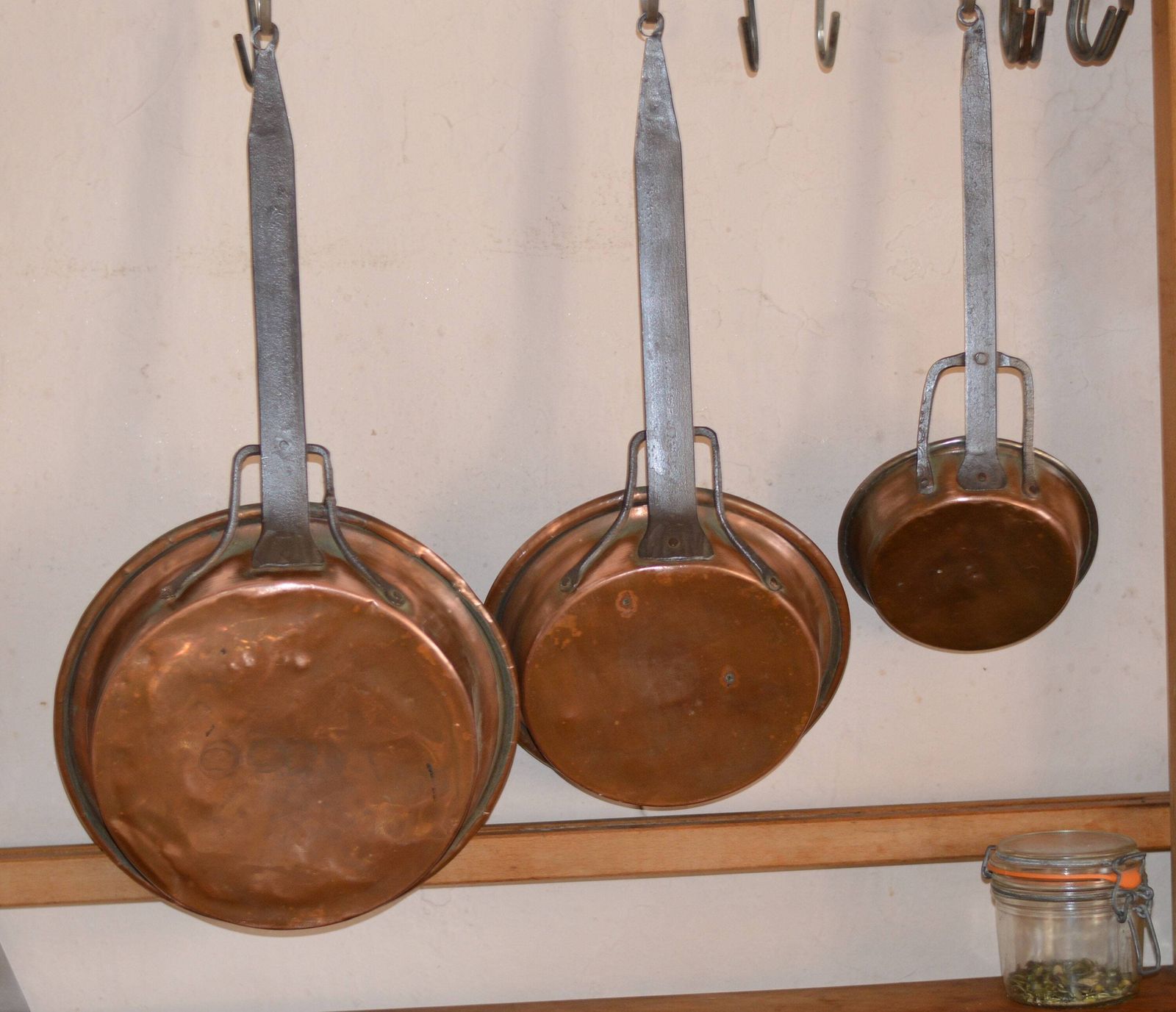 photo for sale Antique French Set Of 3 Copper Pans / 3 Copper And Iron Pans From 18c / Decorative Set Of Saute Pans / Antique Copper Frying Pans
