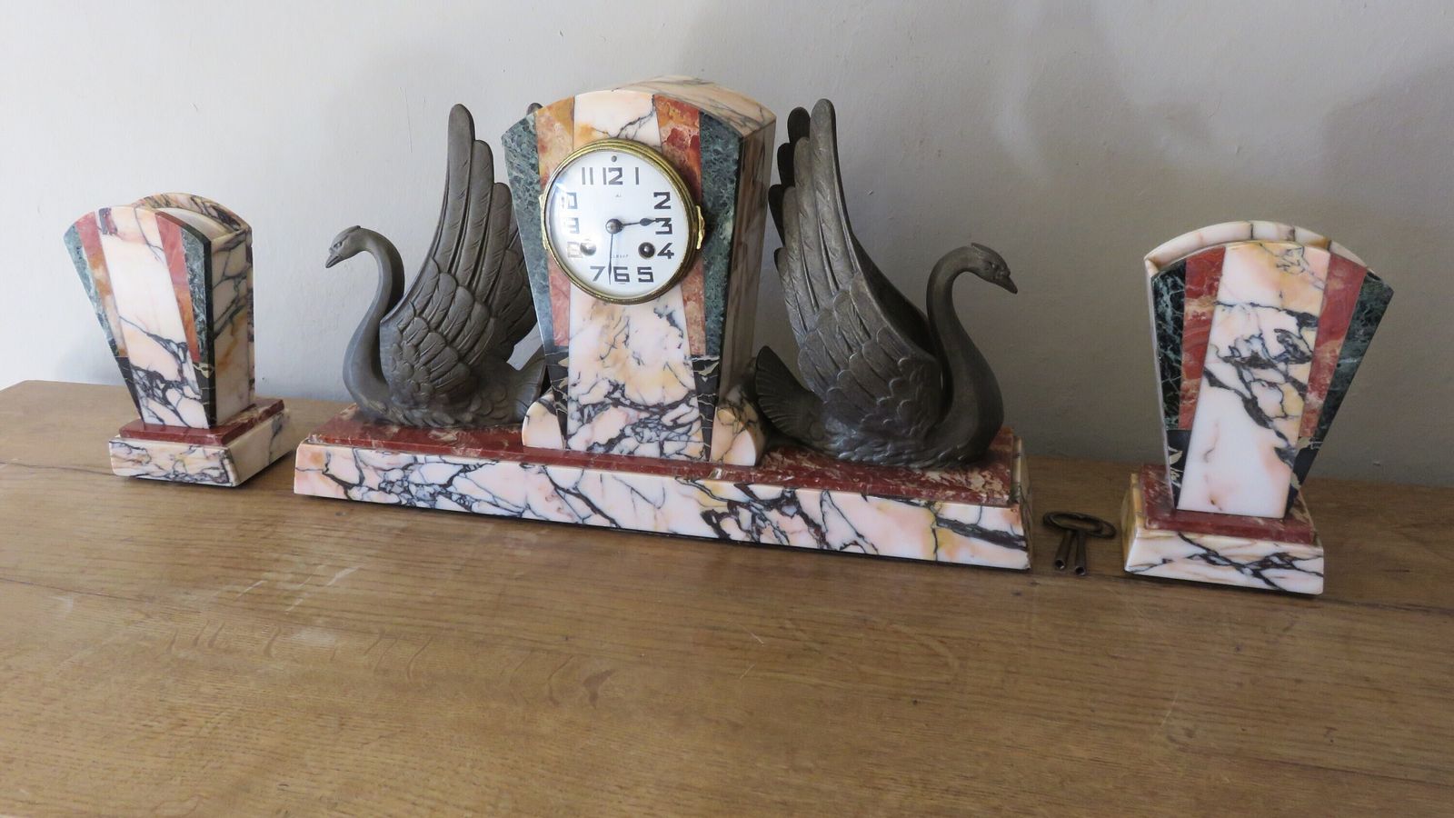 Art Deco Marble/Granite Clock / French Marble Clock With Vases / French Art Deco Clock With 2 Black Swans / Fully Serviced And Working photo furniture