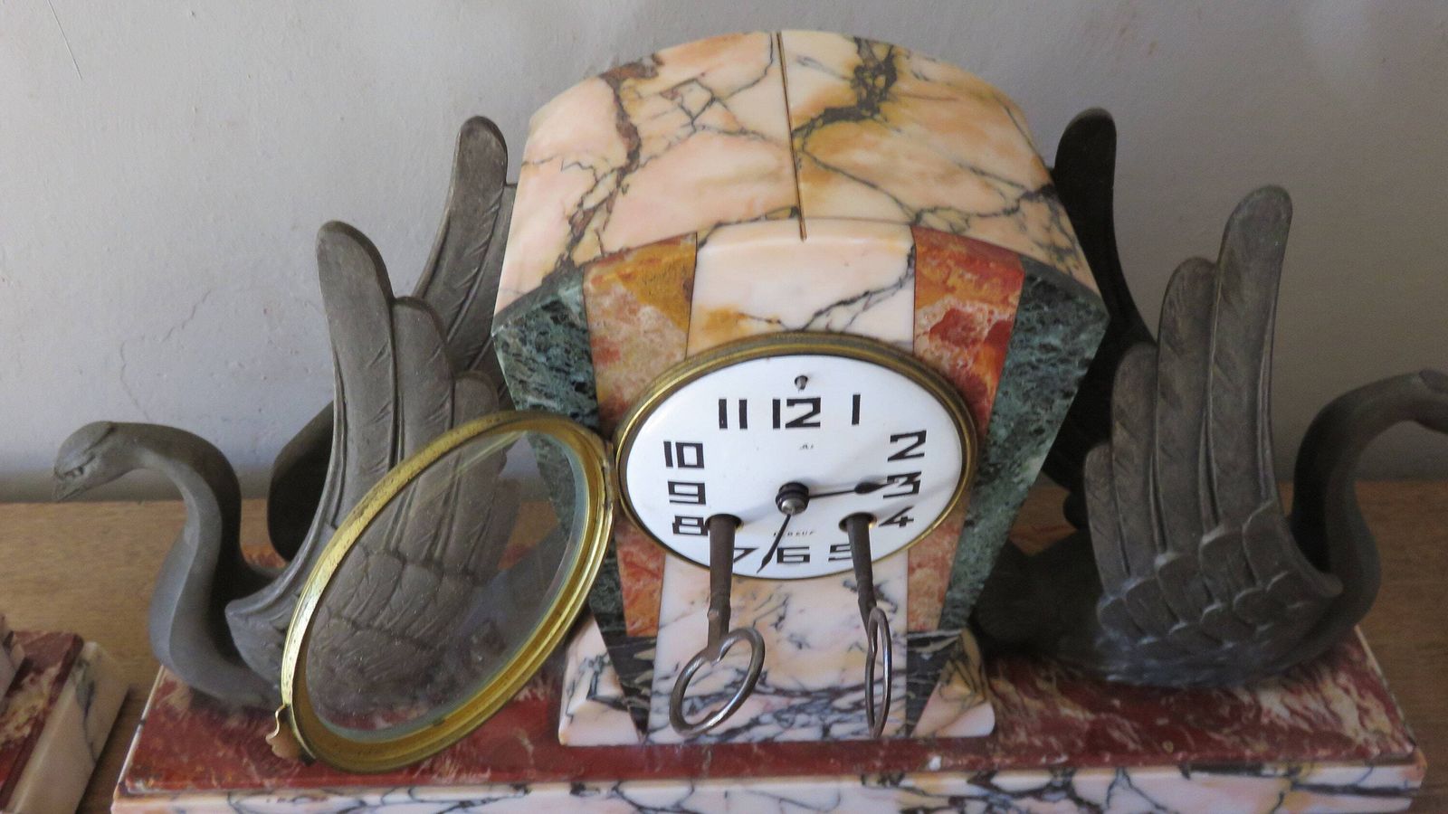 Art Deco Marble/Granite Clock / French Marble Clock With Vases / French Art Deco Clock With 2 Black Swans / Fully Serviced And Working photo buy