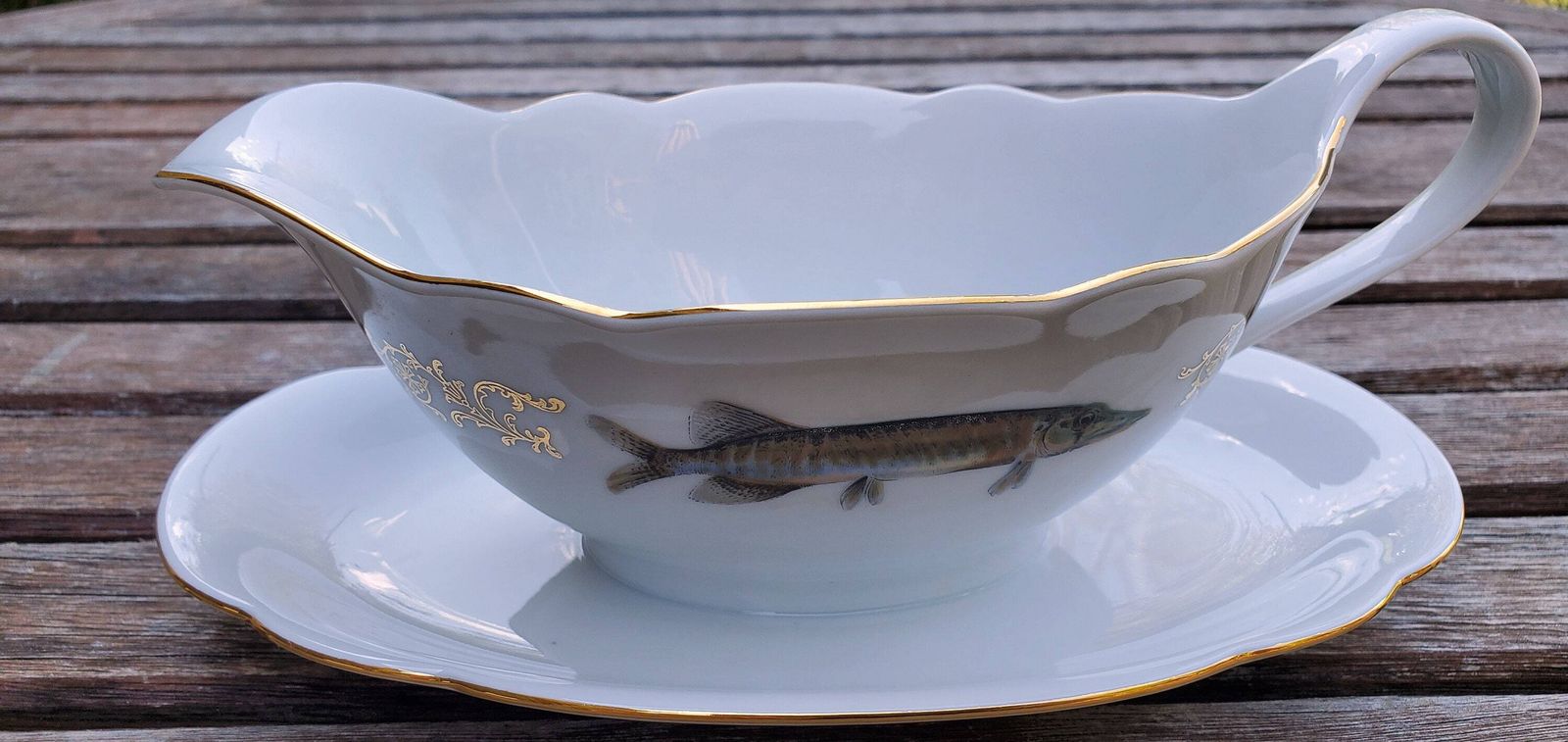 Full Set Of 12 Porcelain Fish Plates, Platter And Jug By Schumann Of Arzberg / 1960s Unused Porcelain Fish Plates / Boxed Set Of Porcelain photo vintage