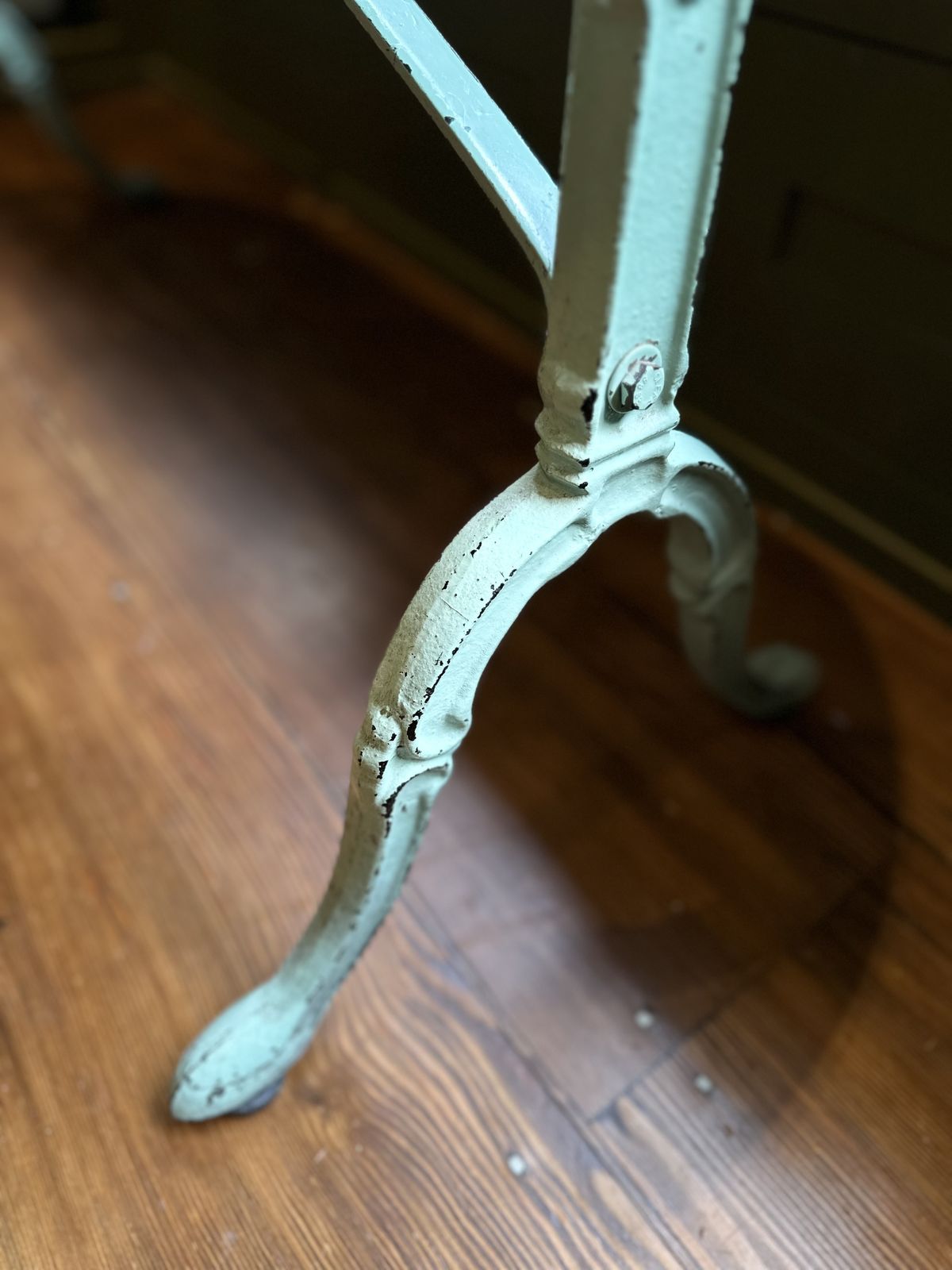 Bespoke French Bistro Table – Brass Rim, Glass Watercolor Top, Cast Iron Legs – Unique Design photo for sale