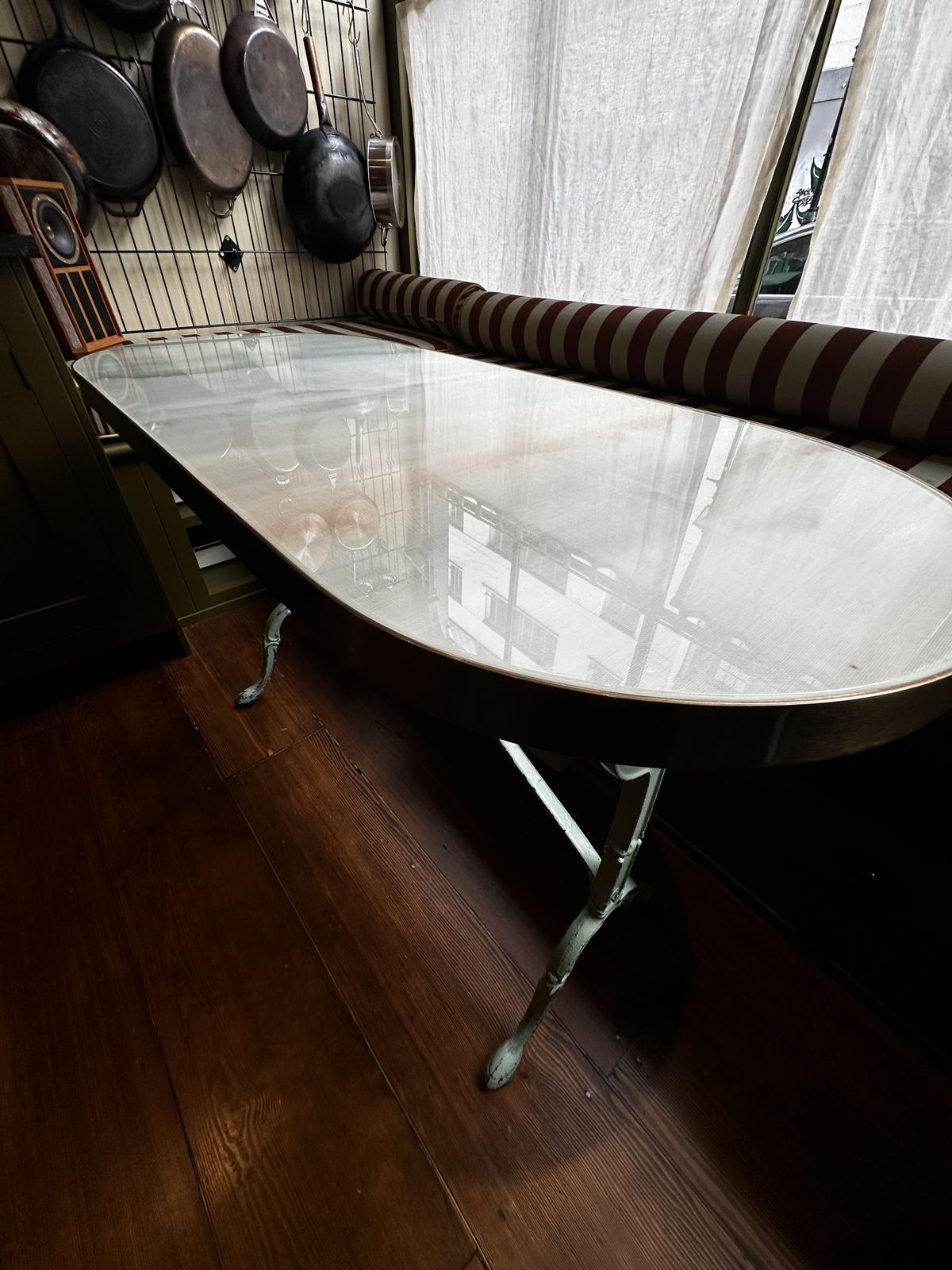 Bespoke French Bistro Table – Brass Rim, Glass Watercolor Top, Cast Iron Legs – Unique Design photo vintage