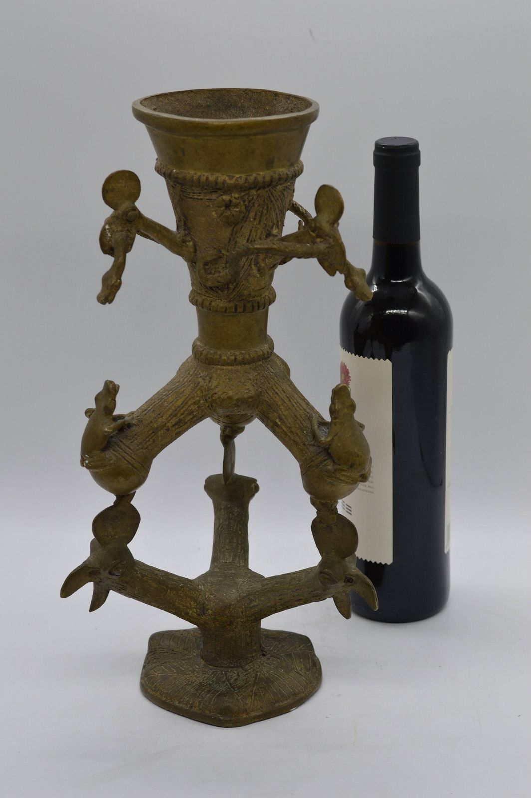 photo for sale Bronze Gilded Tree Sculpture / Tree Sculpture Curiosity / Sculpture With Birds, Snakes And Frogs / Spiritual Art Sculpture / Ancient Vase