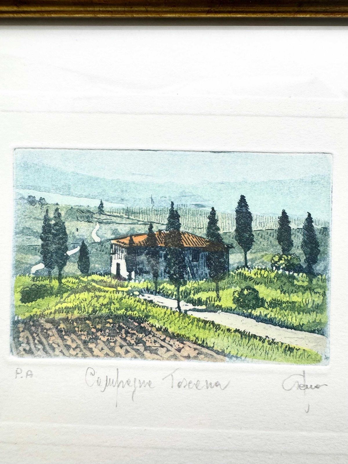 Artists Proof Signed Print Campagna Toscana, Framed Watercolour Landscape Print photo furniture