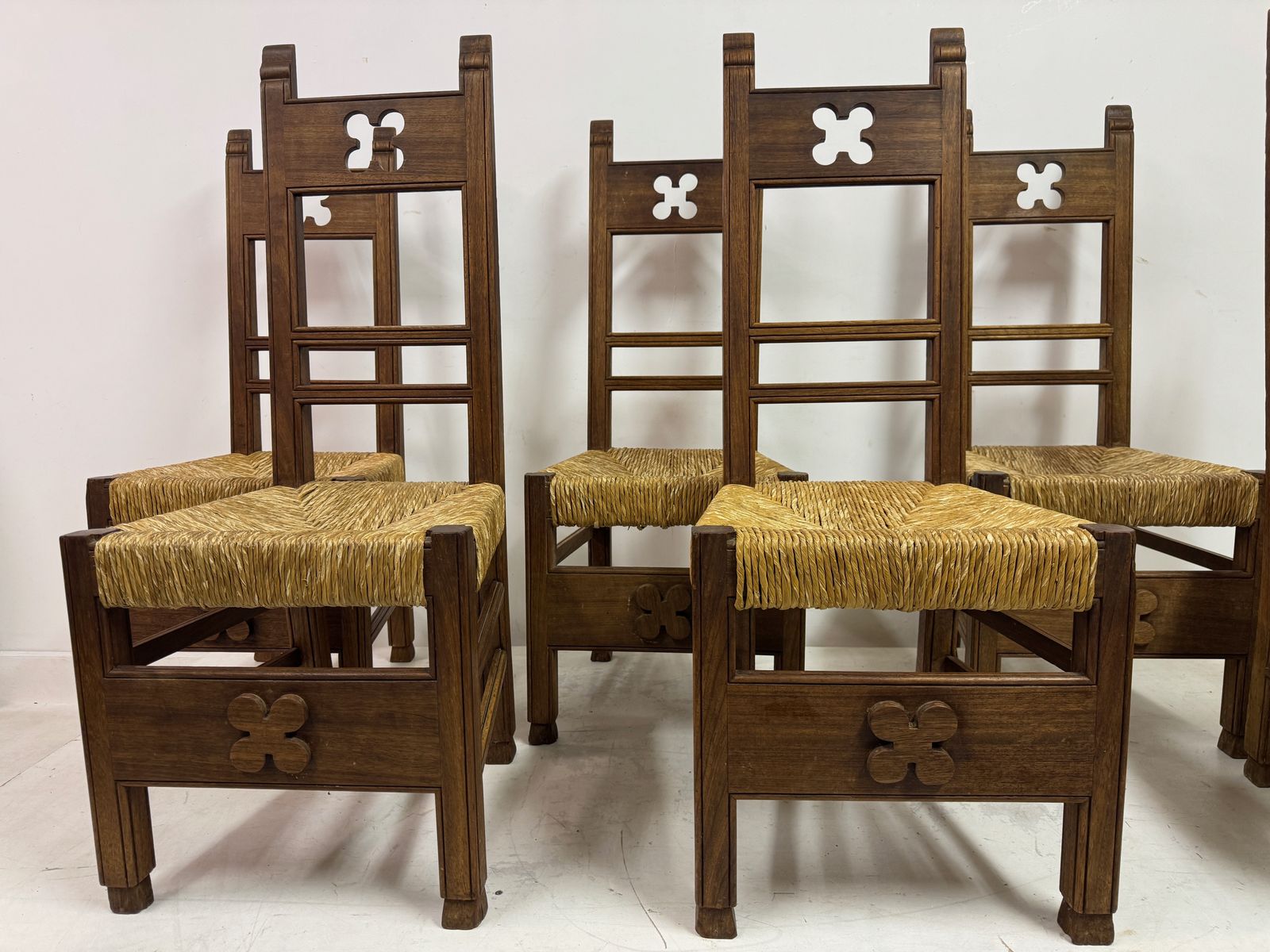 Set Of Six Arts And Crafts Ecclesiastical Dining Chairs, Circa 1900 photo for sale