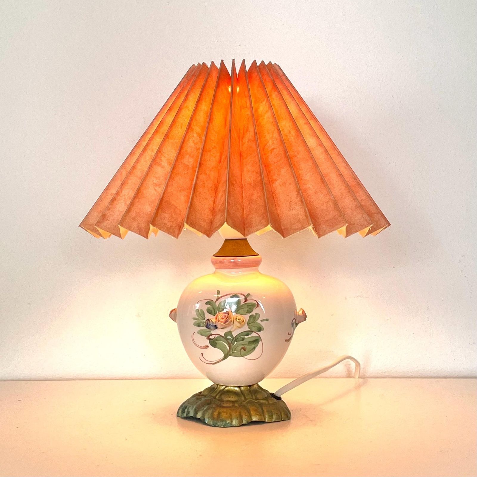 Vintage Mid Century Design Table Lamp In Beautiful Glazed Porcelain With Flower Decoration And Peach Vintage Fabric Shade