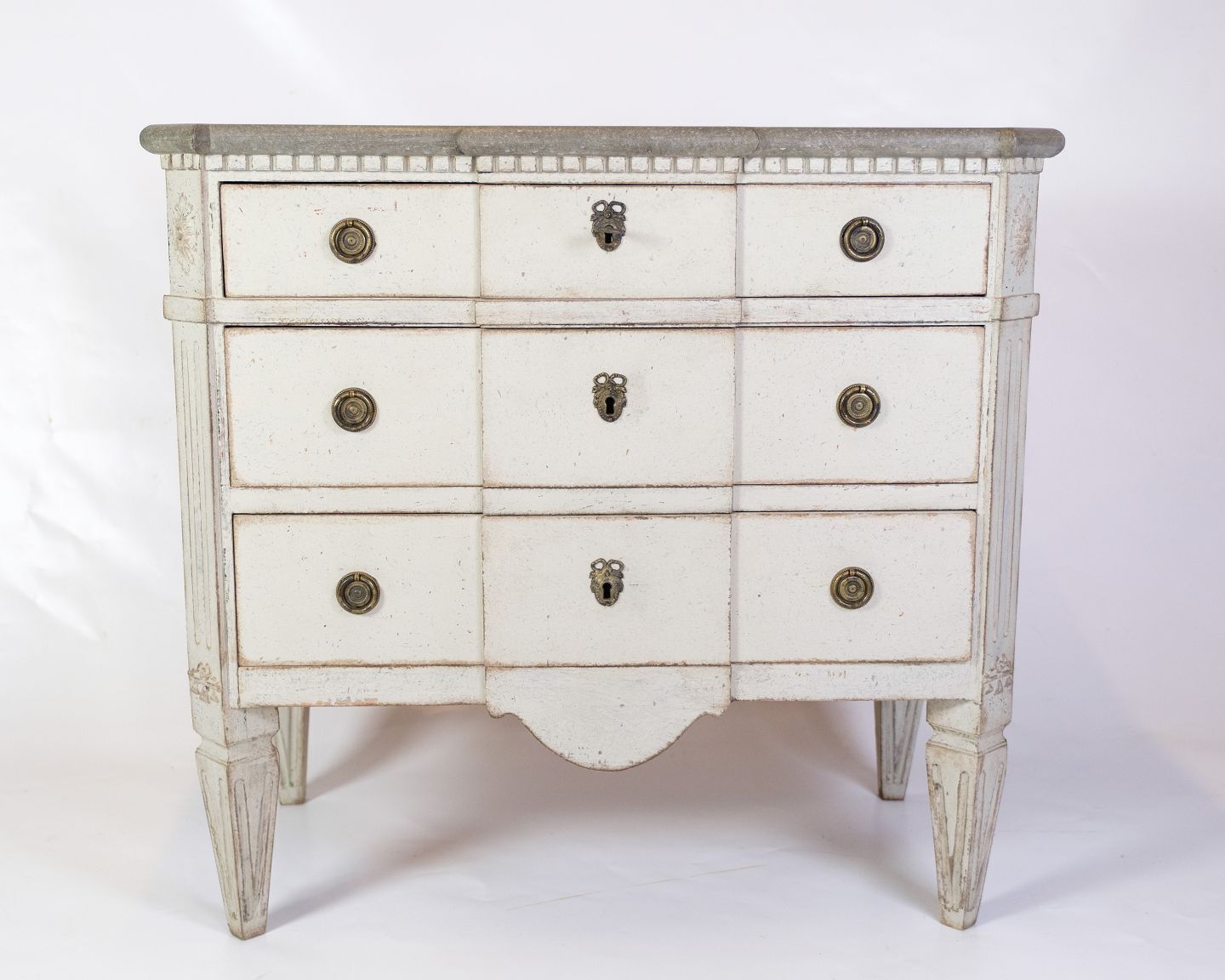 Gustavian Chest Of Drawers With 3 Drawers Grey Painted With Marbled Top, Swedish Origin From 1840s