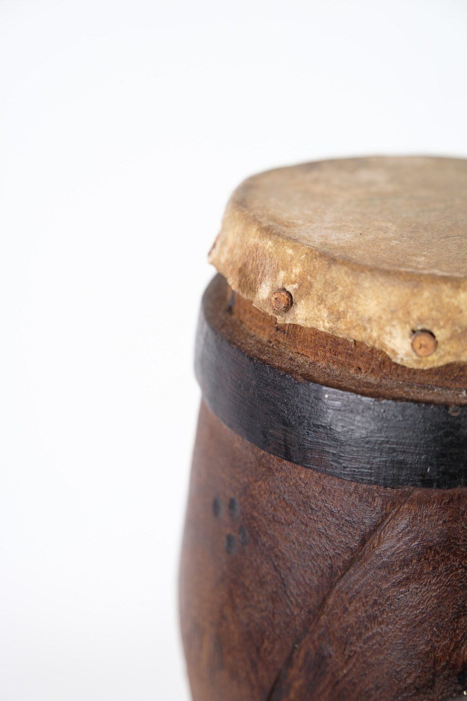 Hand Carved African Drum  In Dark Wood And Leather  With A Design Of A Face photo for sale