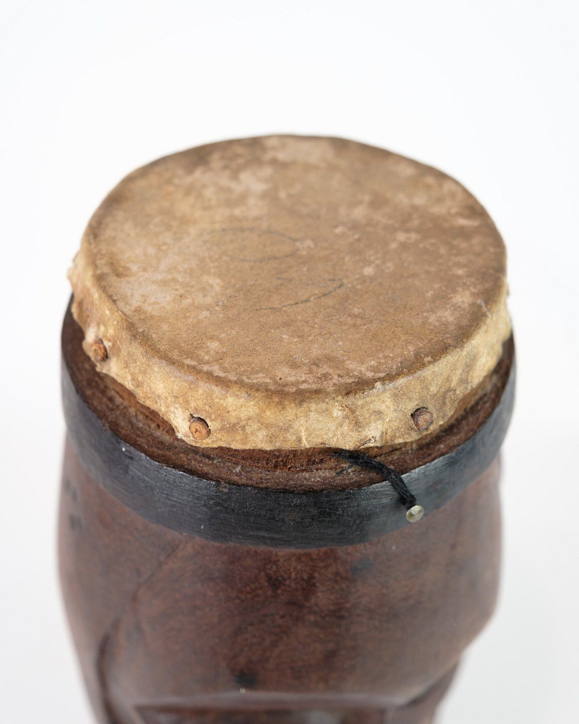 Hand Carved African Drum  In Dark Wood And Leather  With A Design Of A Face photo Home Decor