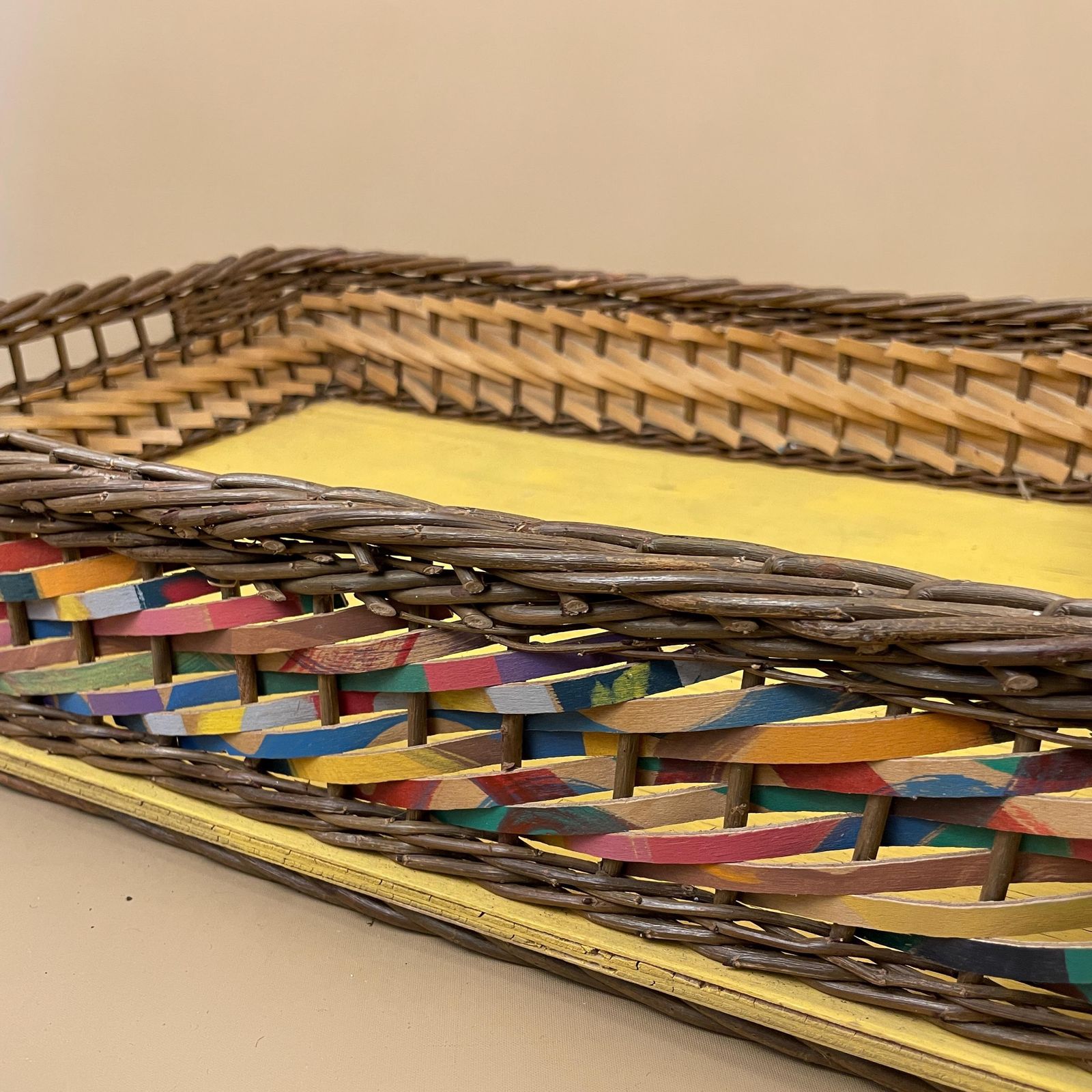 Funky Multicolour Storage Basket Rectangle Tray Woven Wicker Yellow Retro Vintage Boho Crafts photo vintage