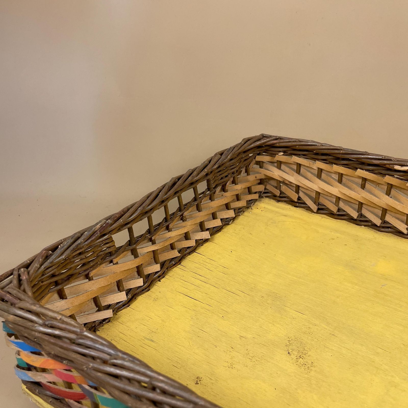 photo furniture Funky Multicolour Storage Basket Rectangle Tray Woven Wicker Yellow Retro Vintage Boho Crafts