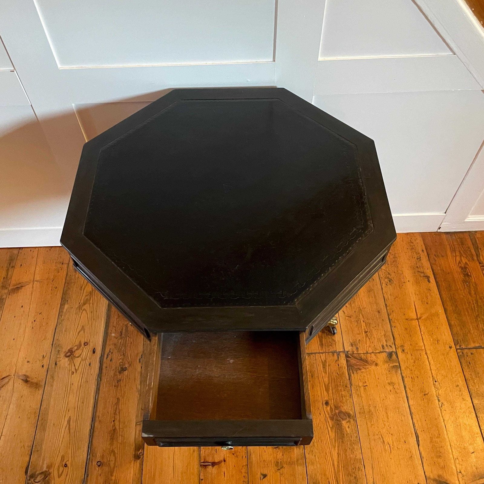 Antique Black Mahogany Octagon Writing Table Leather Top Drum C.Early 1900's Center Hallway Table Brass Wheels On Claw Feet photo vintage