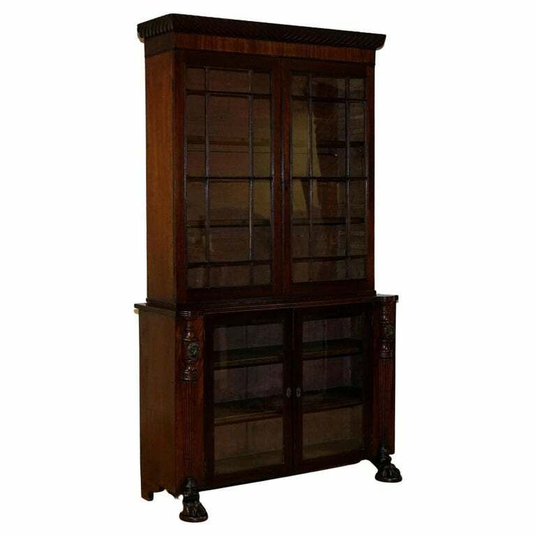 Victorian Mahogany Bookcase With Lion Mask Claw Feet Glazed Doors