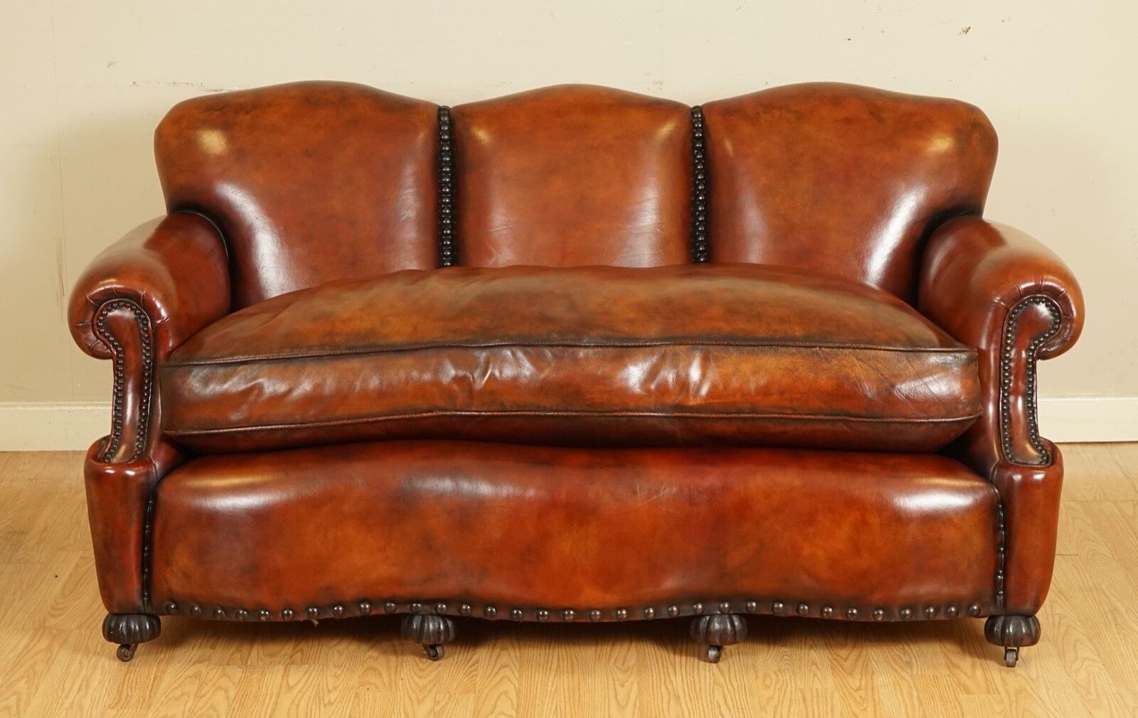 Fully Restored Hand Dyed Whisky Brown Edwardian Sofa With Feather Filled Cushion photo furniture